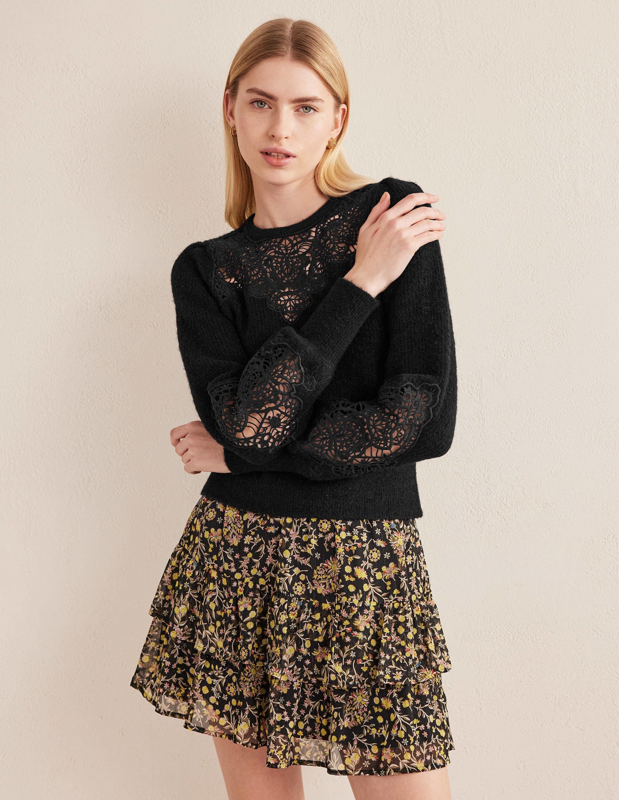 Lace Panel Fluffy Jumper-Black - Image 4