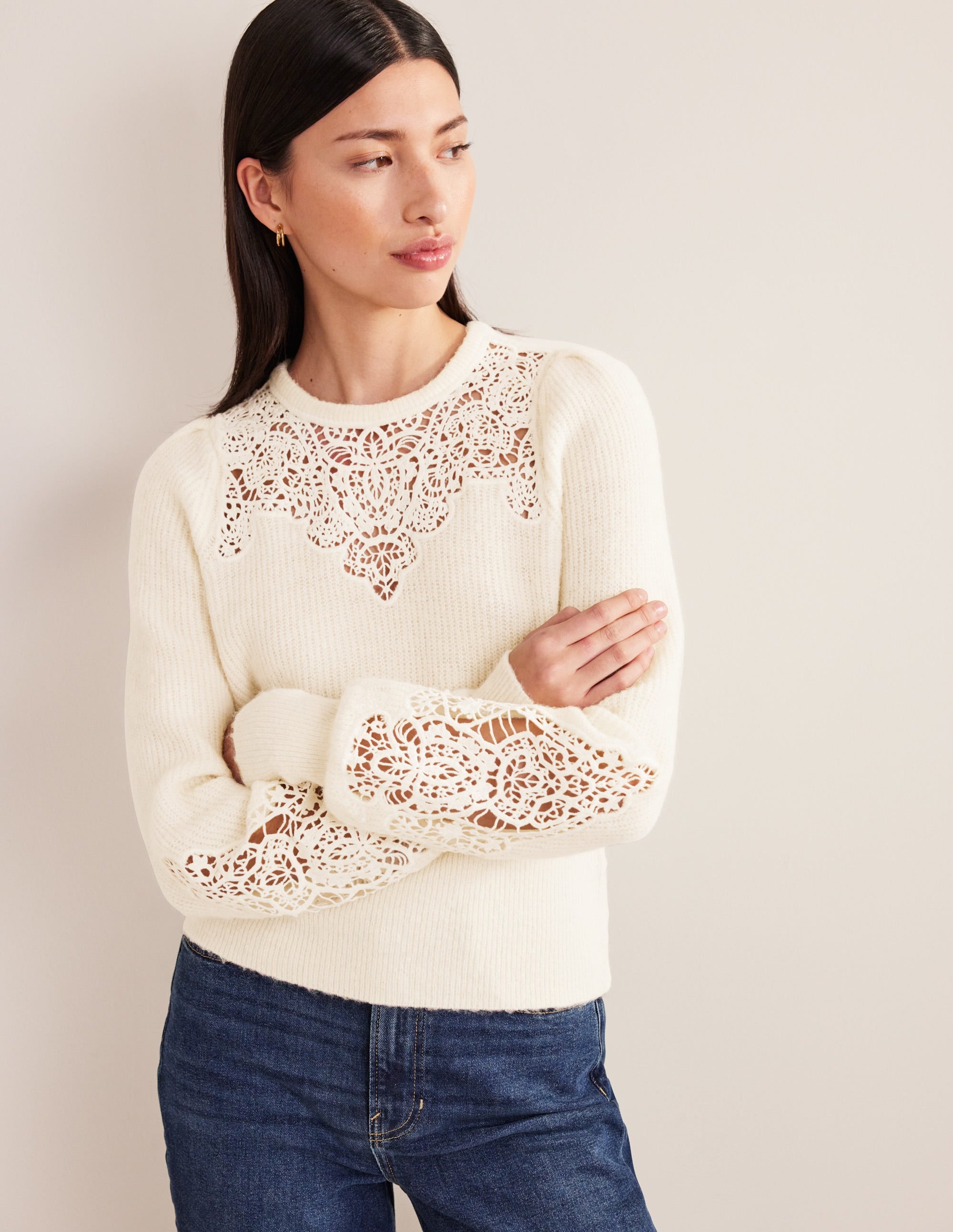 Lace Panel Fluffy Jumper-Ivory - Image 1