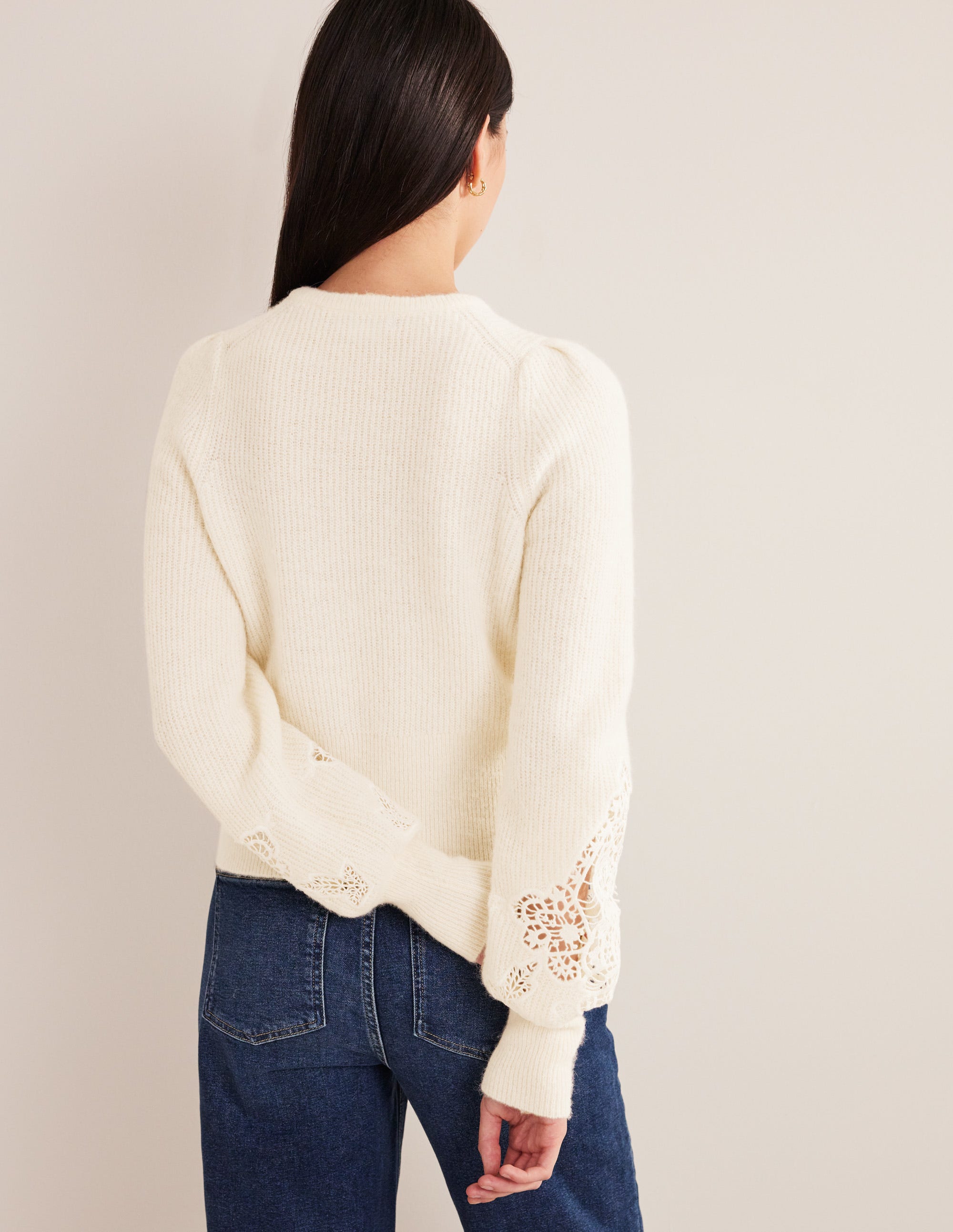 Lace Panel Fluffy Jumper-Ivory - Image 3