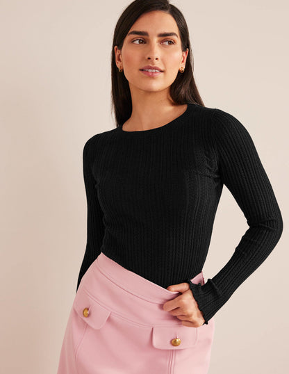 Ribbed Pointelle Top-Black