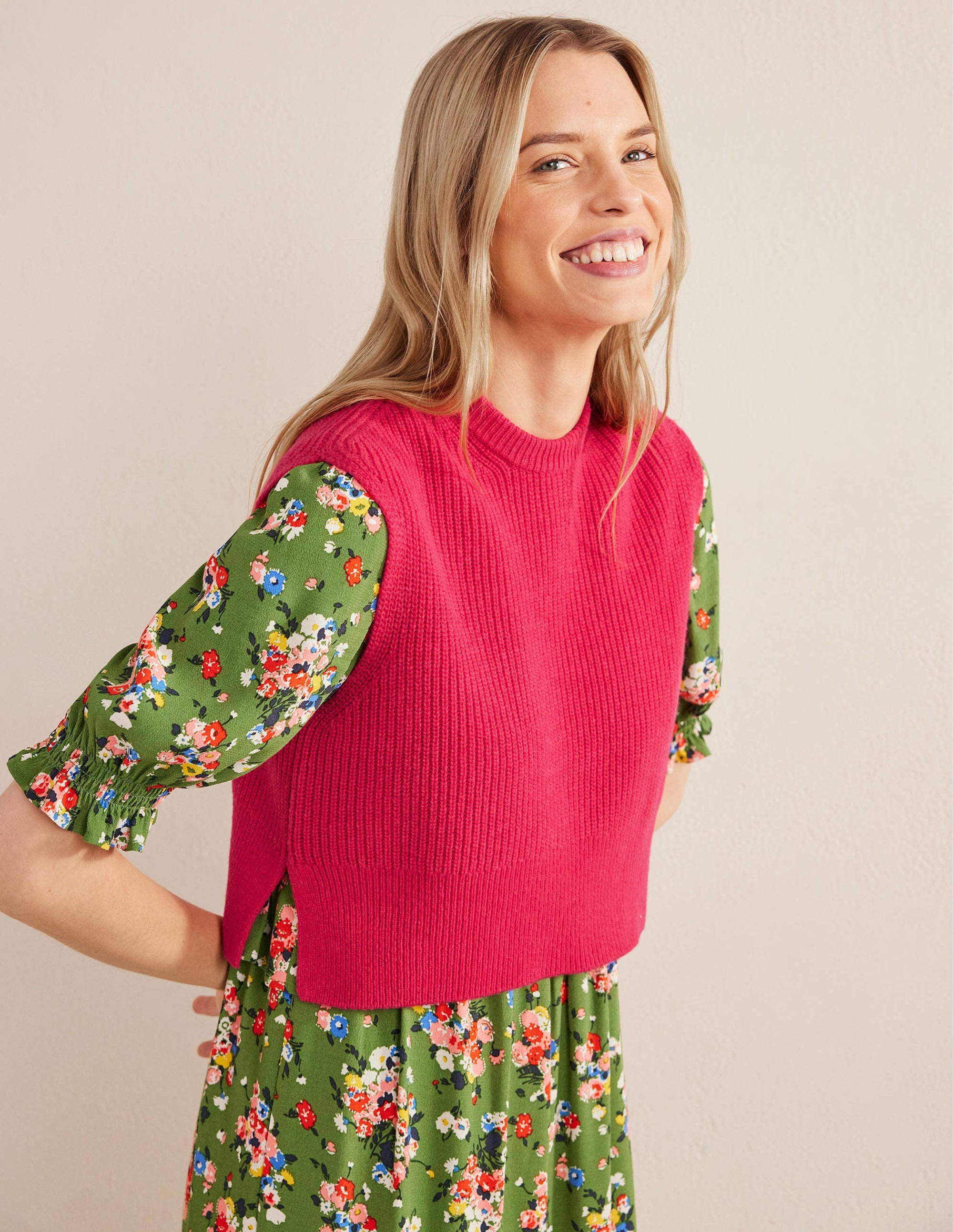 Rippstrickpullunder aus Wolle-Dunkelrosa - Image 1