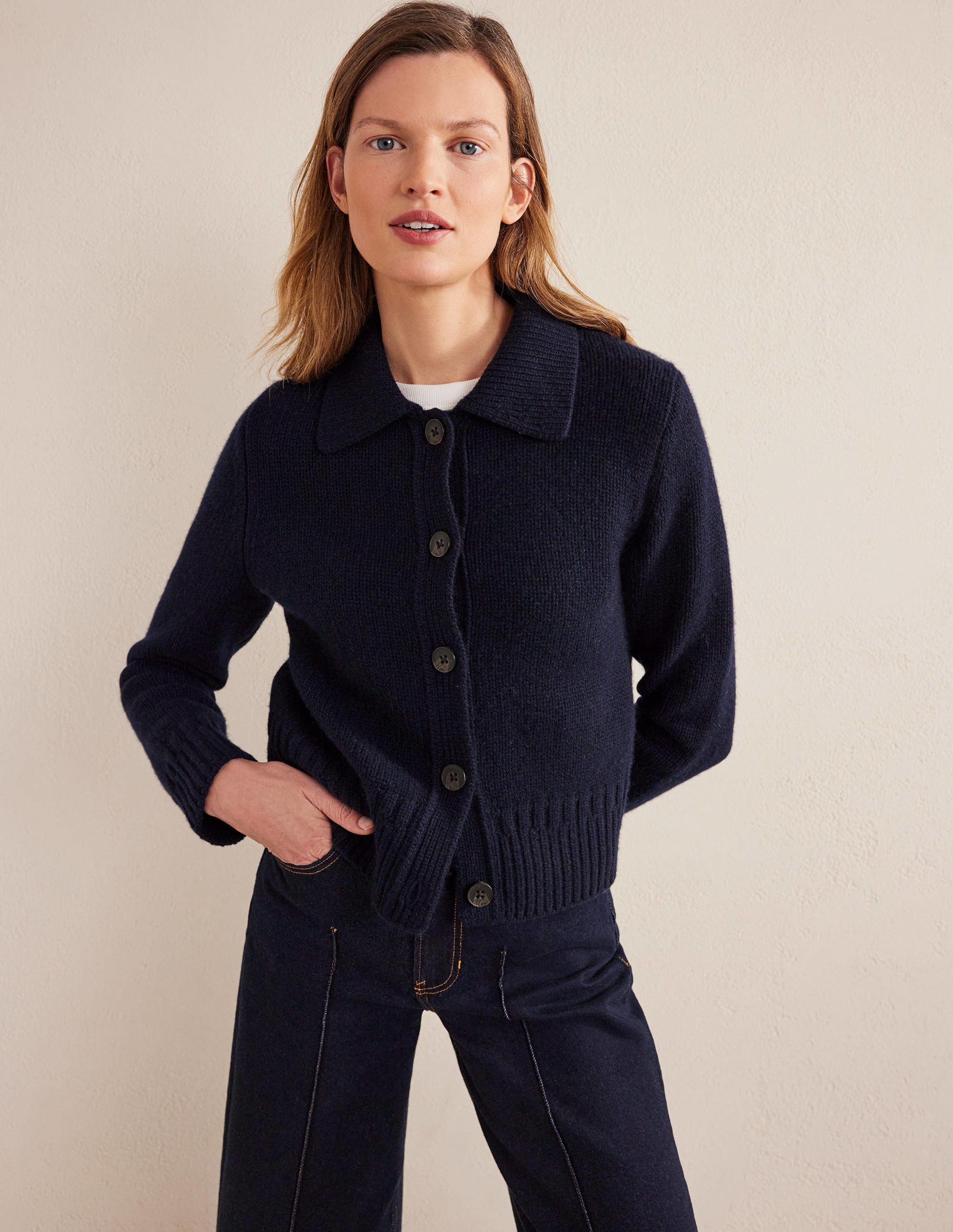 Kaschmircardigan mit Kragen-Marineblau - Image 1