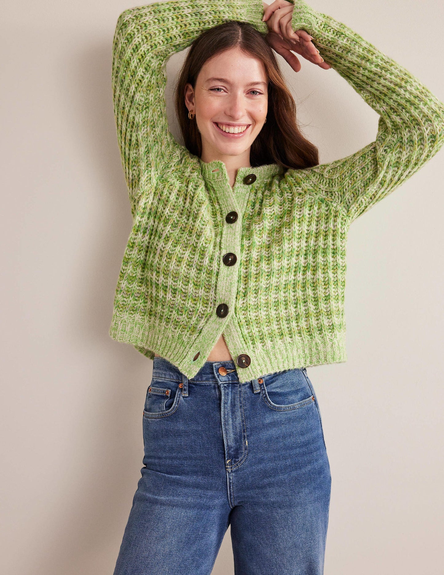 Flauschiger Cardigan mit breiten Rippbündchen-Grün Meliert