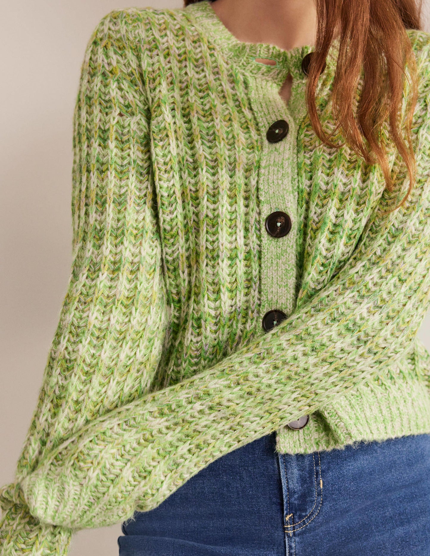 Flauschiger Cardigan mit breiten Rippbündchen-Grün Meliert