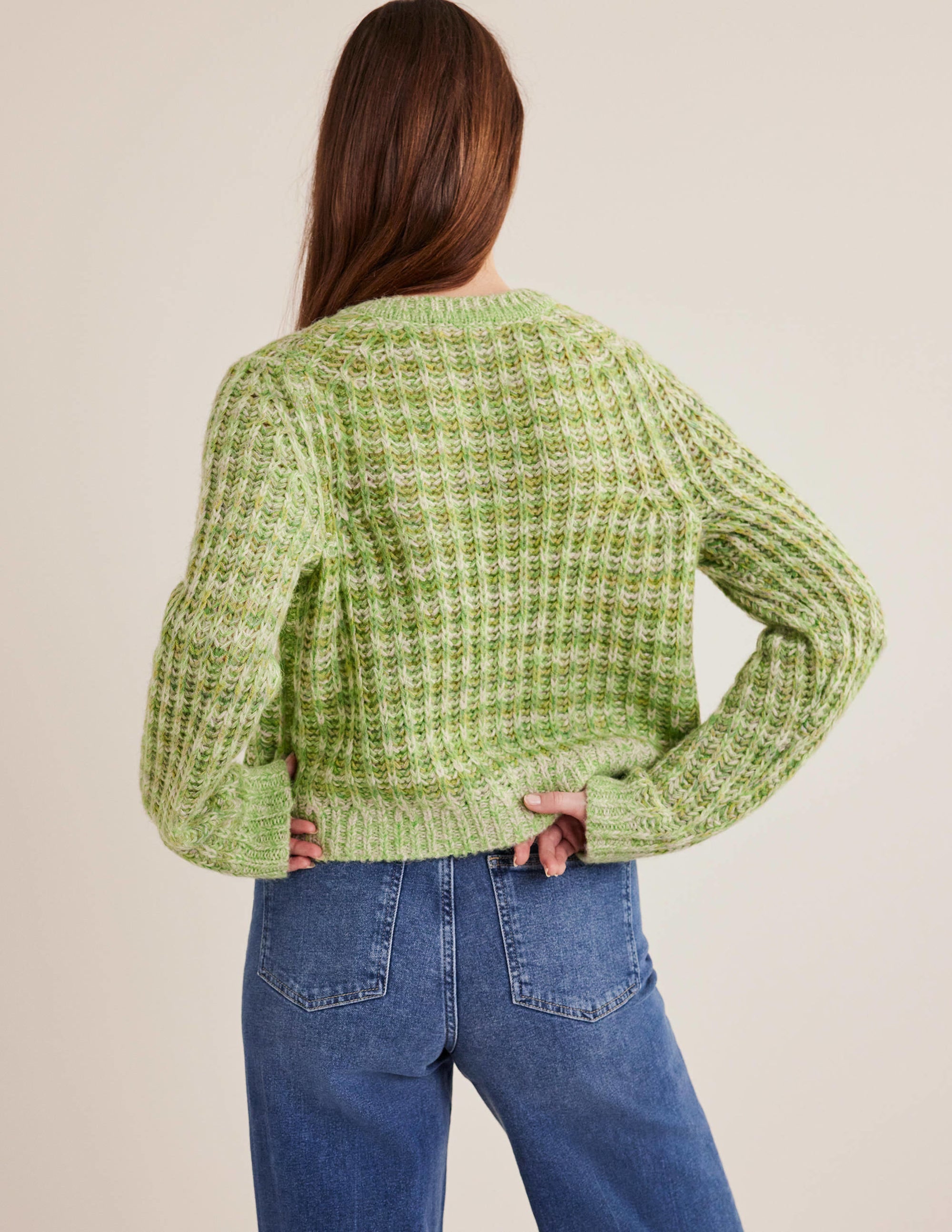 Flauschiger Cardigan mit breiten Rippbündchen-Grün Meliert - Image 3
