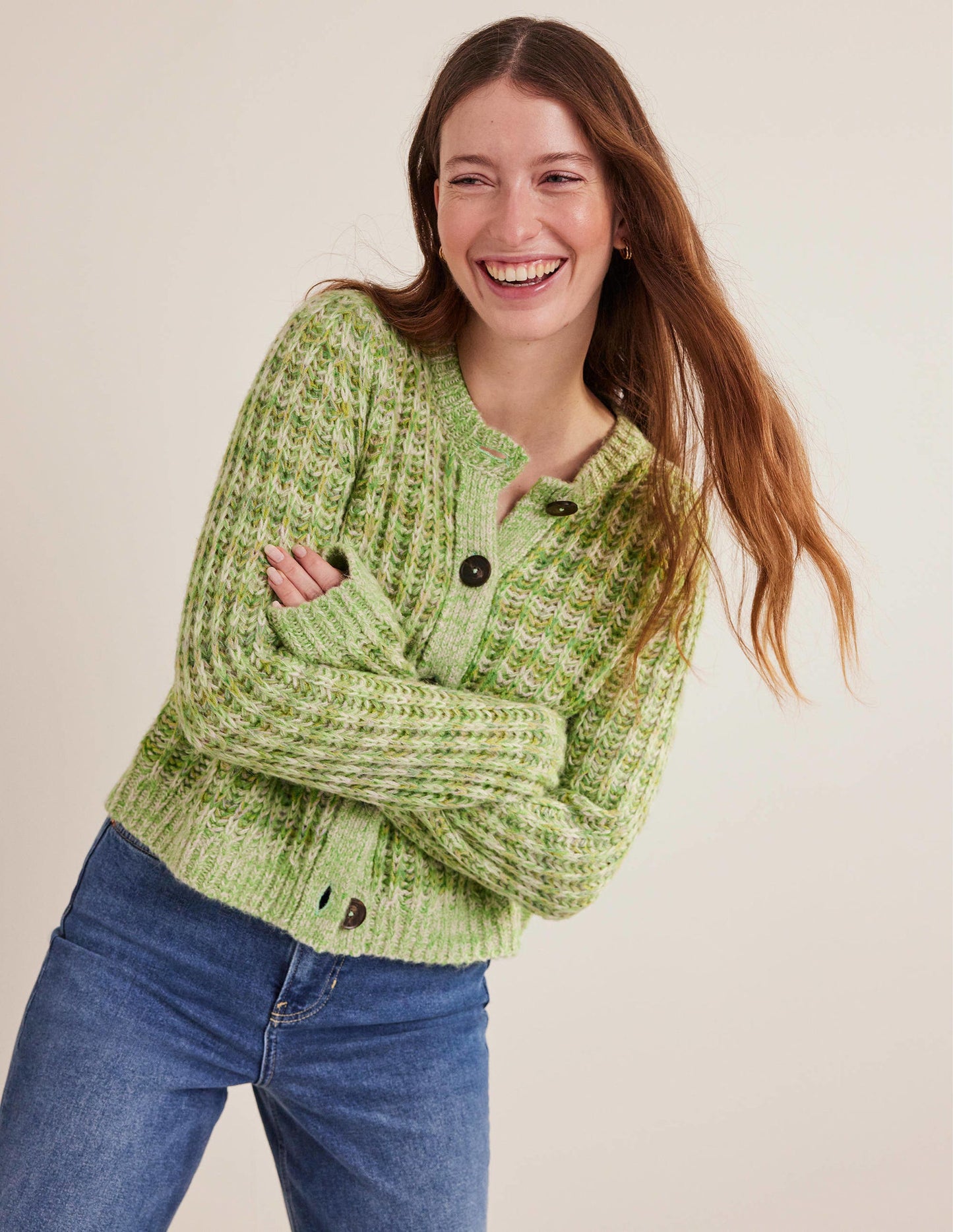 Flauschiger Cardigan mit breiten Rippbündchen-Grün Meliert