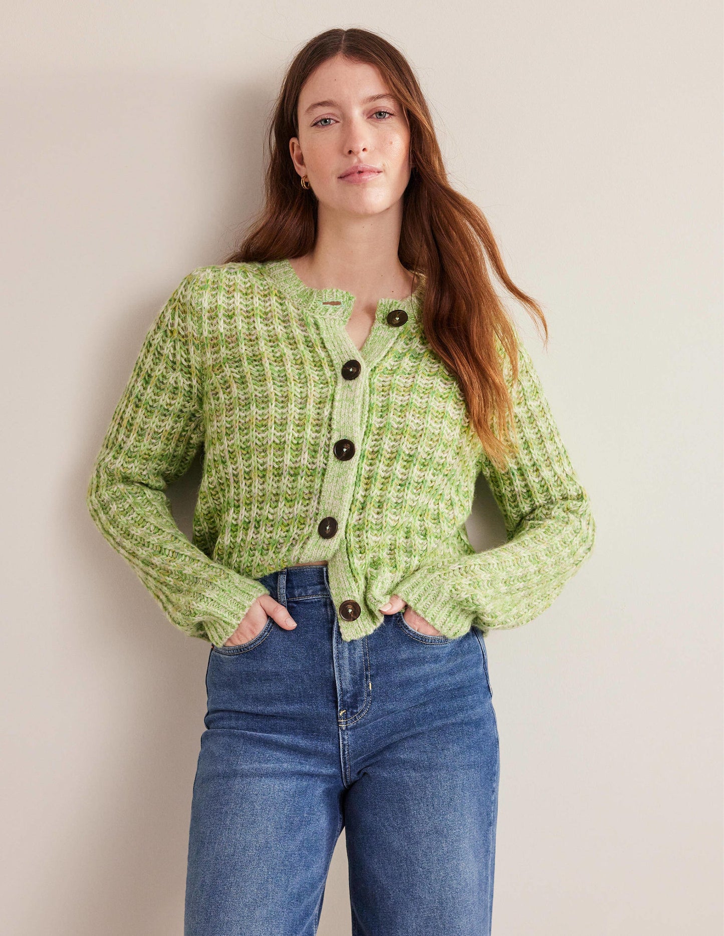 Flauschiger Cardigan mit breiten Rippbündchen-Grün Meliert