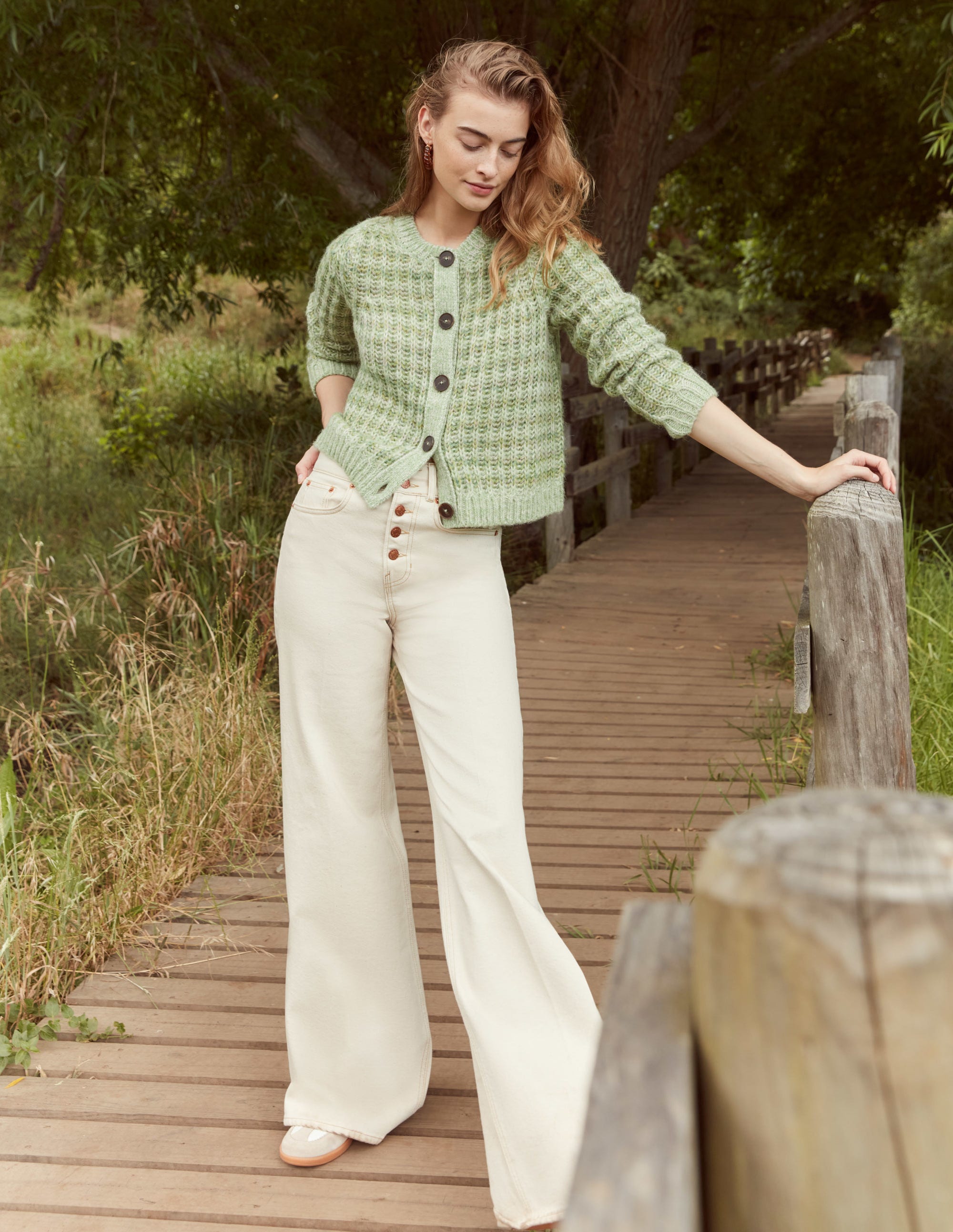 Flauschiger Cardigan mit breiten Rippbündchen-Grün Meliert - Image 6