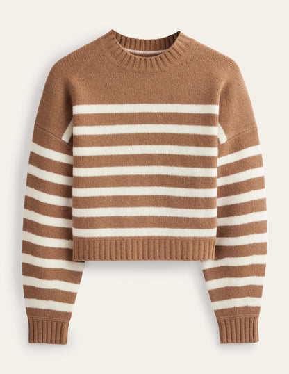 Kurz geschnittener Pullover aus gebürsteter Wolle-Teddybärbraun/Naturweiß, Gestreift