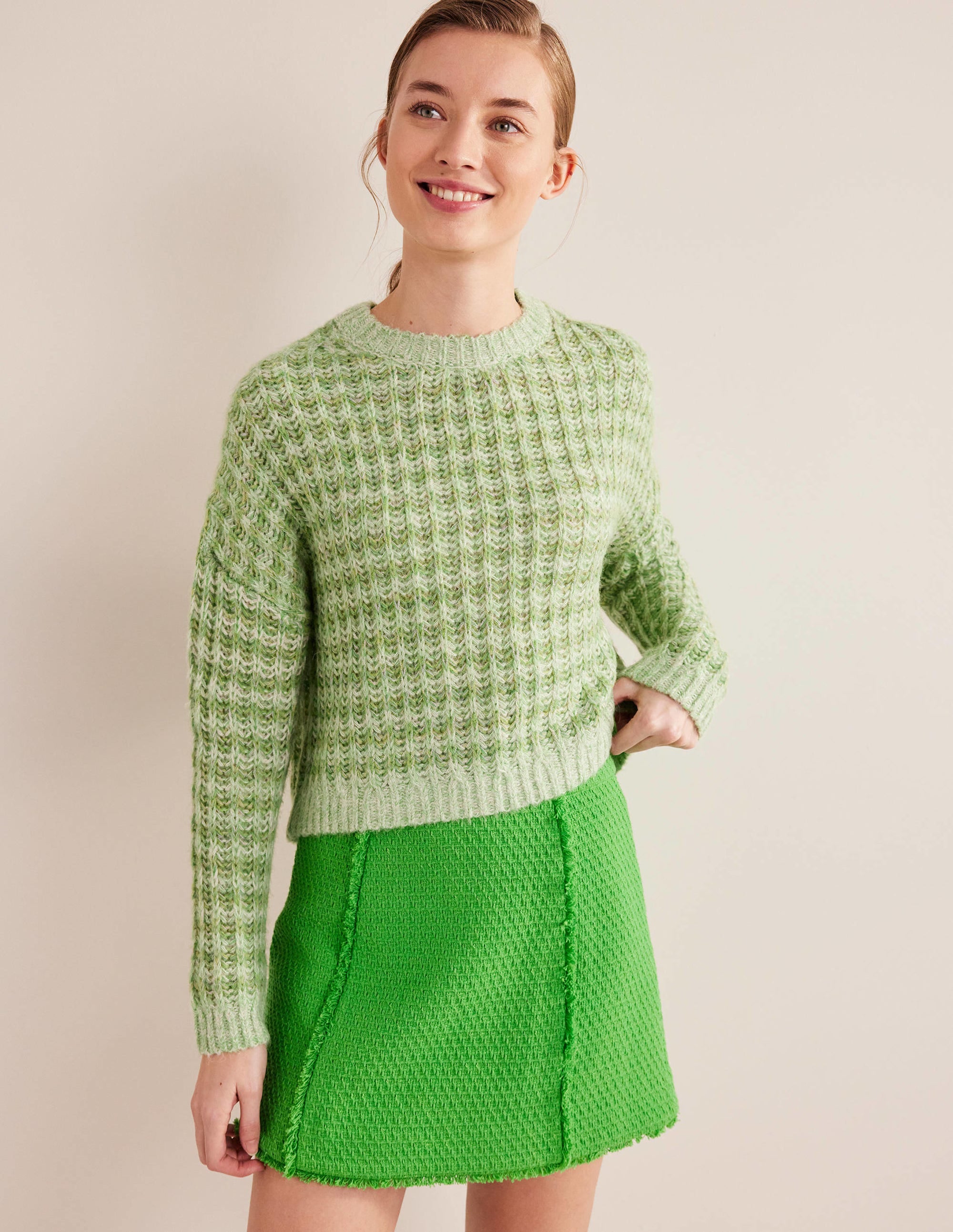Pull duveteux à larges côtes-Vert chiné - Image 1