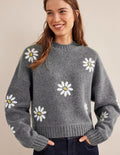 Pull ornementé en laine-Gris foncé chiné
