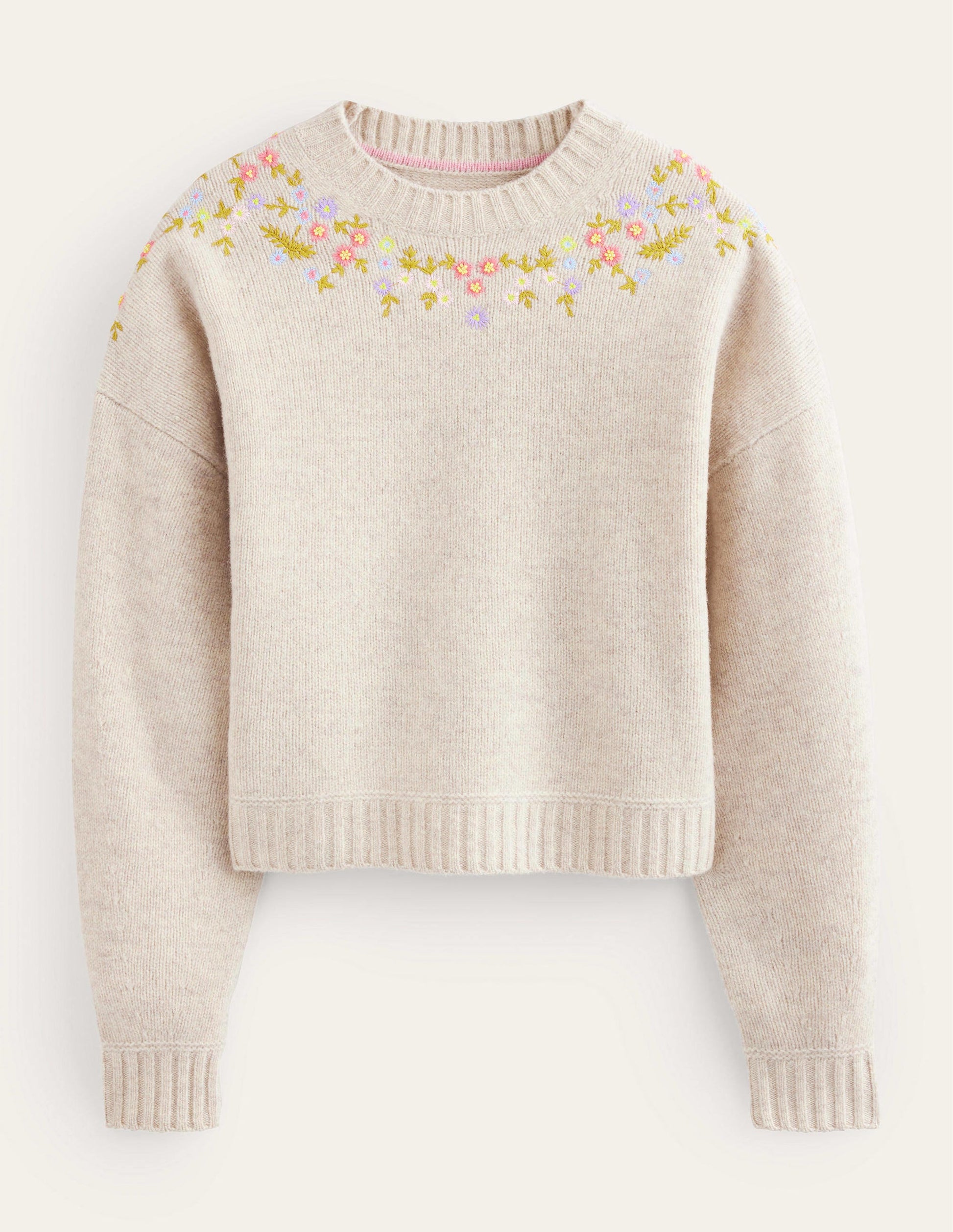Verzierter Wollpullover-Hellbeige Melange-5