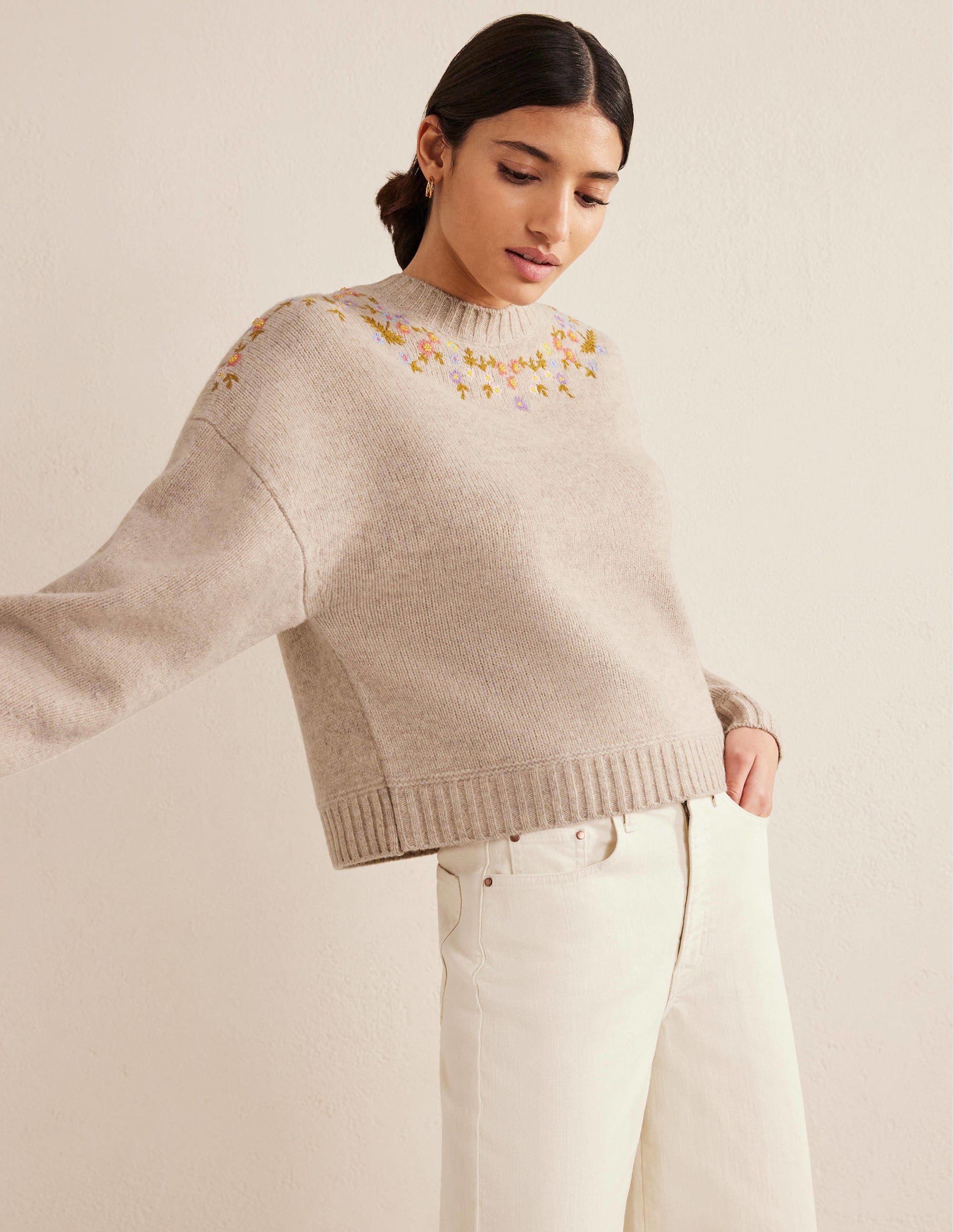 Verzierter Wollpullover-Hellbeige Melange - Image 1