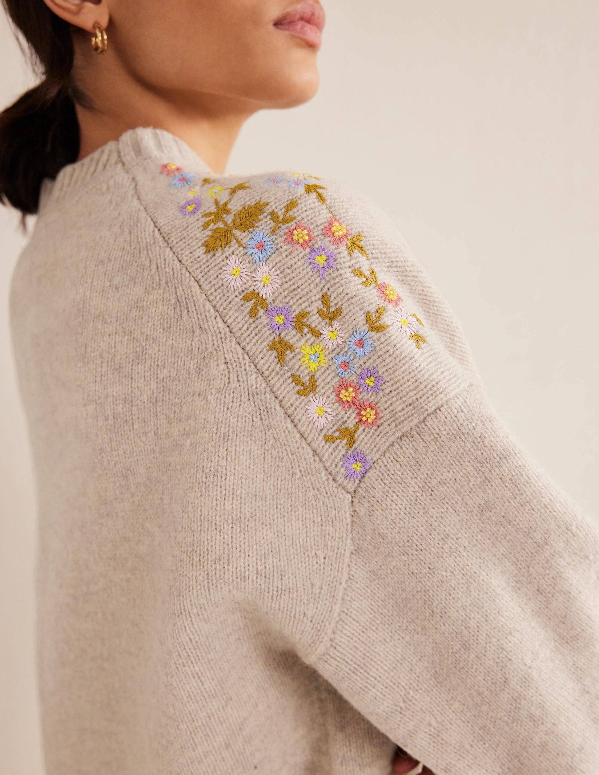 Verzierter Wollpullover-Hellbeige Melange-2