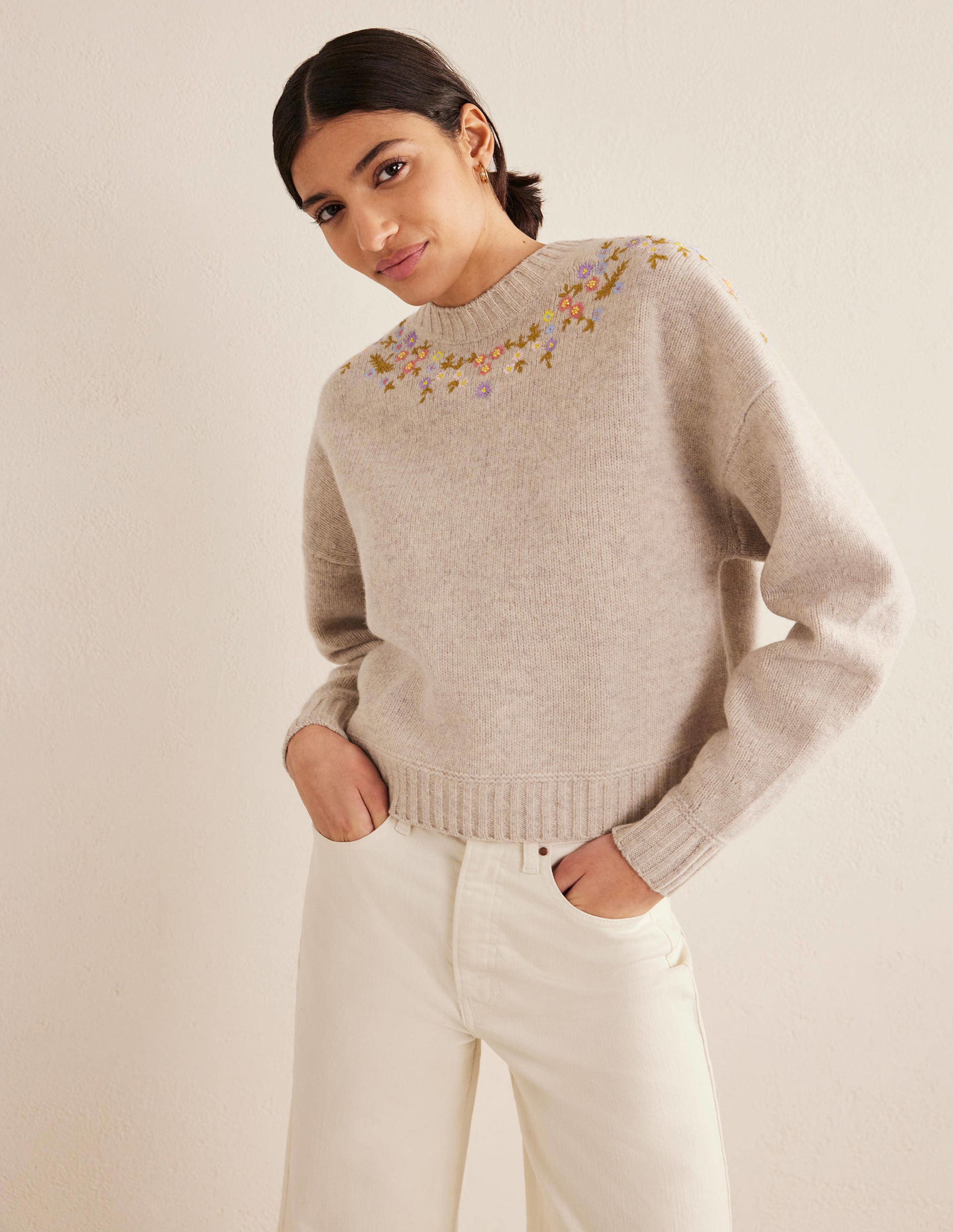 Verzierter Wollpullover-Hellbeige Melange - Image 4