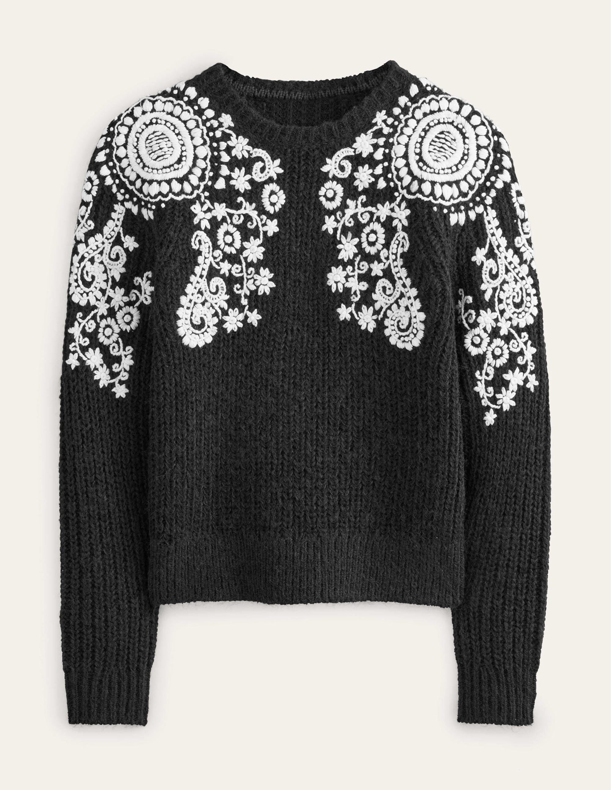 Fluffy Rib Embroidered Jumper-Black, Ivory Embroidery - Image 6