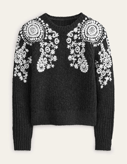 Rippstrickpullover mit Stickerei-Schwarz/Naturweiß, Stickerei