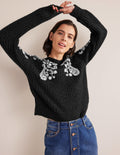 Fluffy Rib Embroidered Jumper-Black, Ivory Embroidery