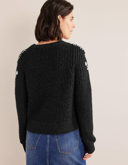Rippstrickpullover mit Stickerei-Schwarz/Naturweiß, Stickerei