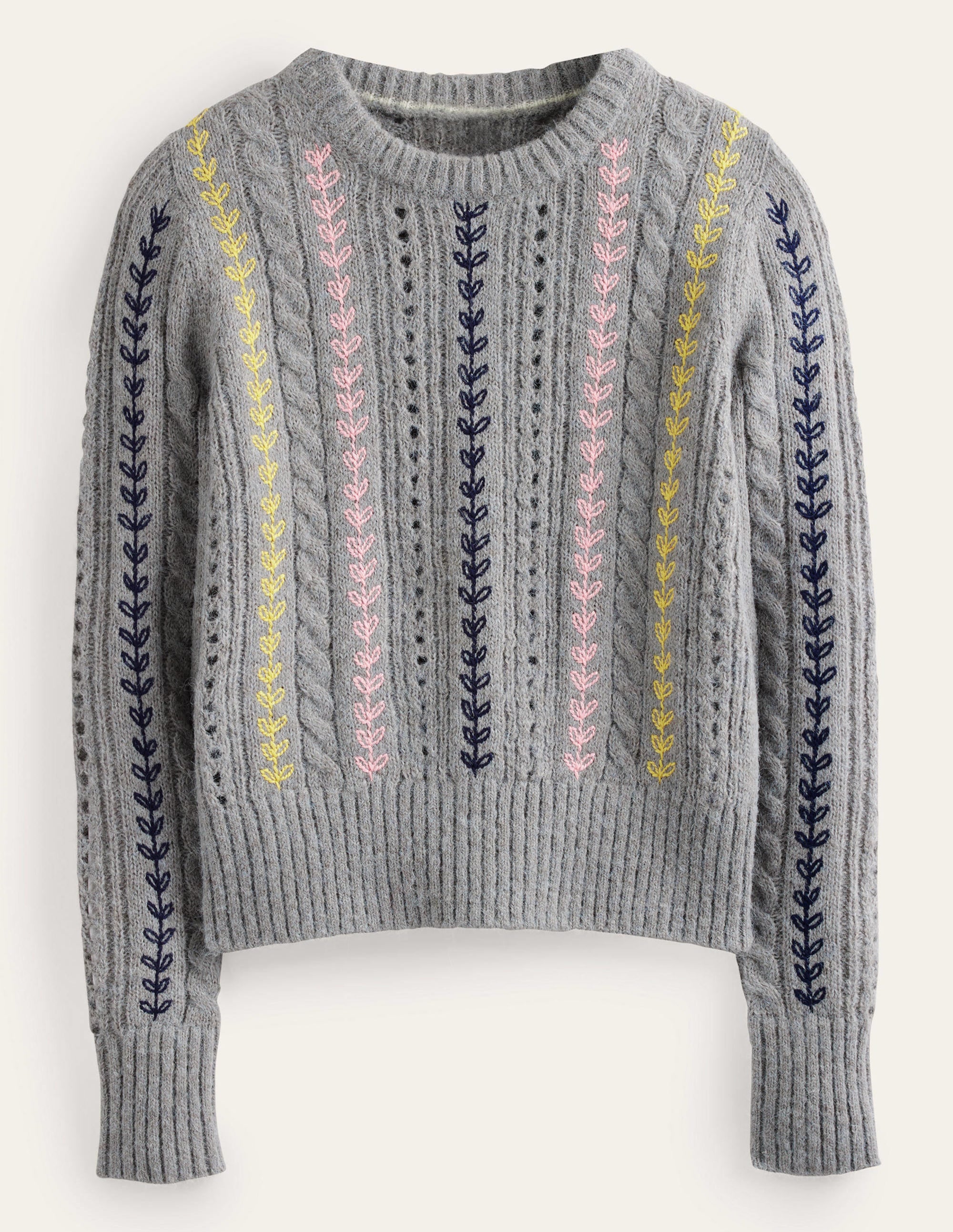 Fluffy Cable Embroidery Jumper-Grey Melange - Image 2