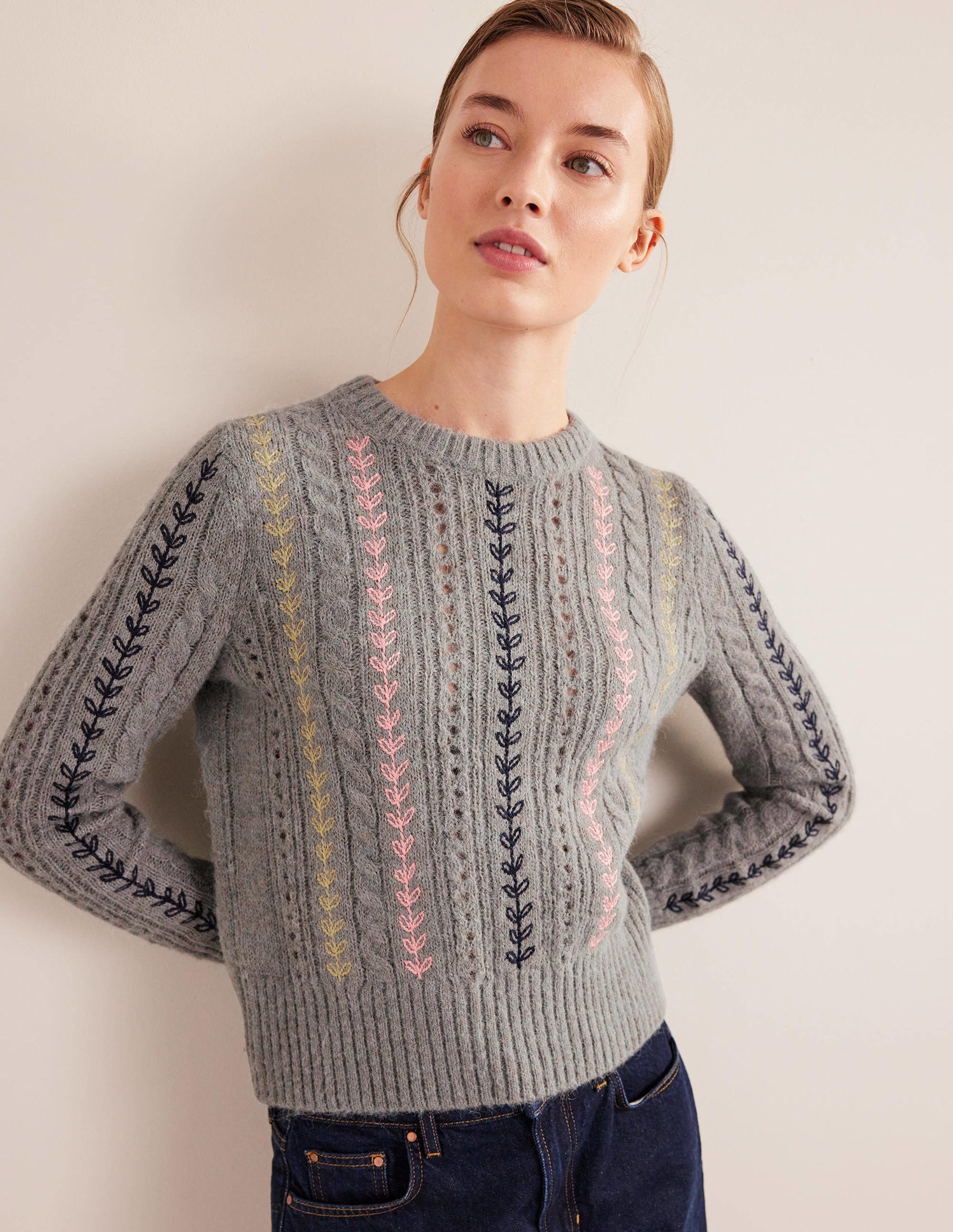 Fluffy Cable Embroidery Jumper-Grey Melange - Image 1