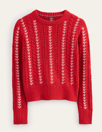 Flauschiger Pullover mit Zopfstrickmuster und Stickerei-Tomatenrot-5