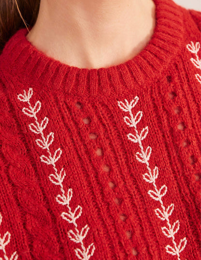 Flauschiger Pullover mit Zopfstrickmuster und Stickerei-Tomatenrot-2