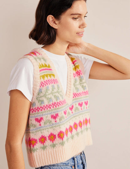 Kurz geschnittener Fair-Isle-Pullunder-Naturweiß/Bunt, Fair-Isle-Muster-1
