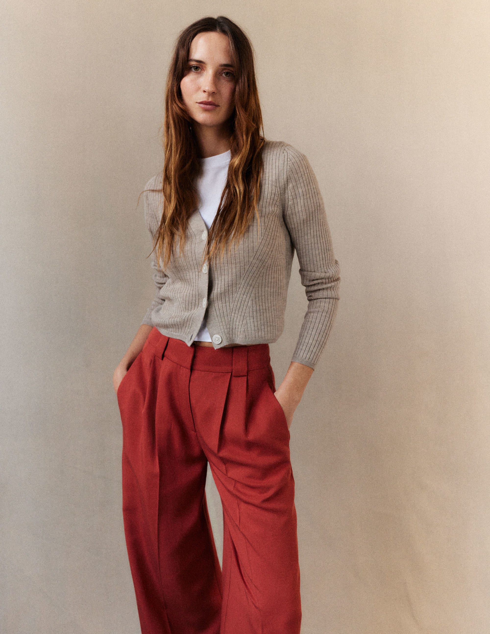 Ribbed Merino V Cardigan-Chinchilla Melange - Image 5