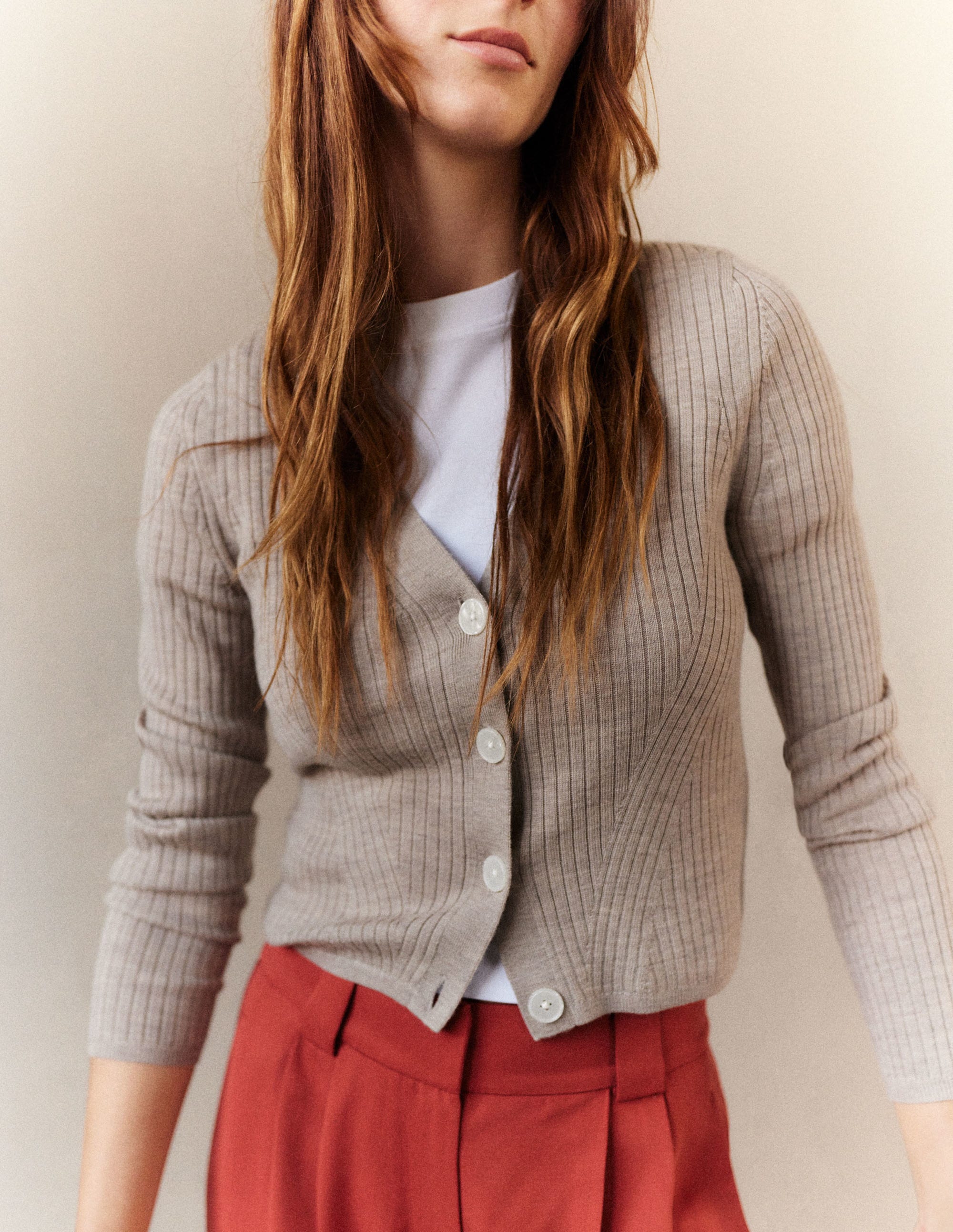 Ribbed Merino V Cardigan-Chinchilla Melange - Image 7