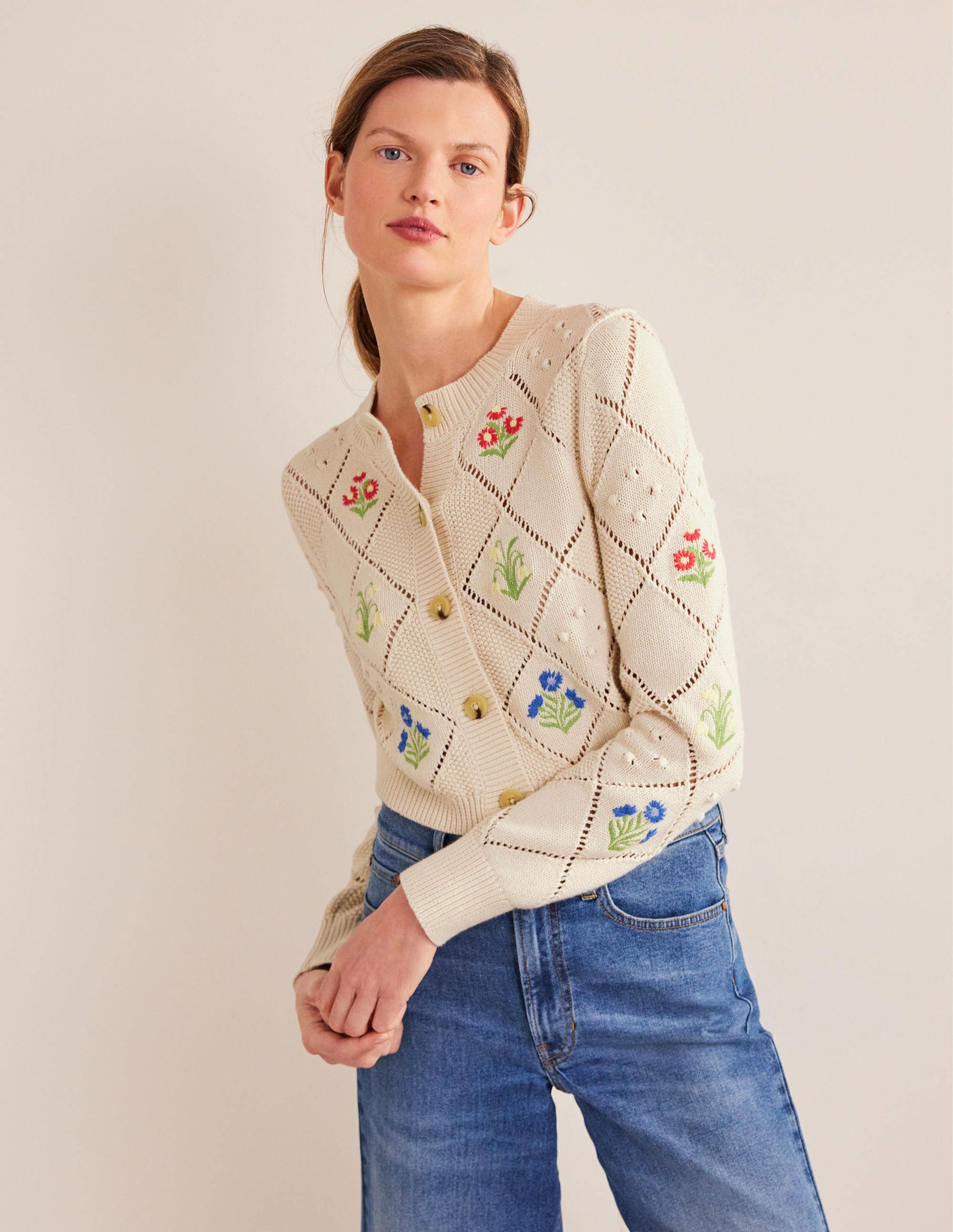 Cropped Embroidered Cardigan-Warm Ivory Embroidery-1