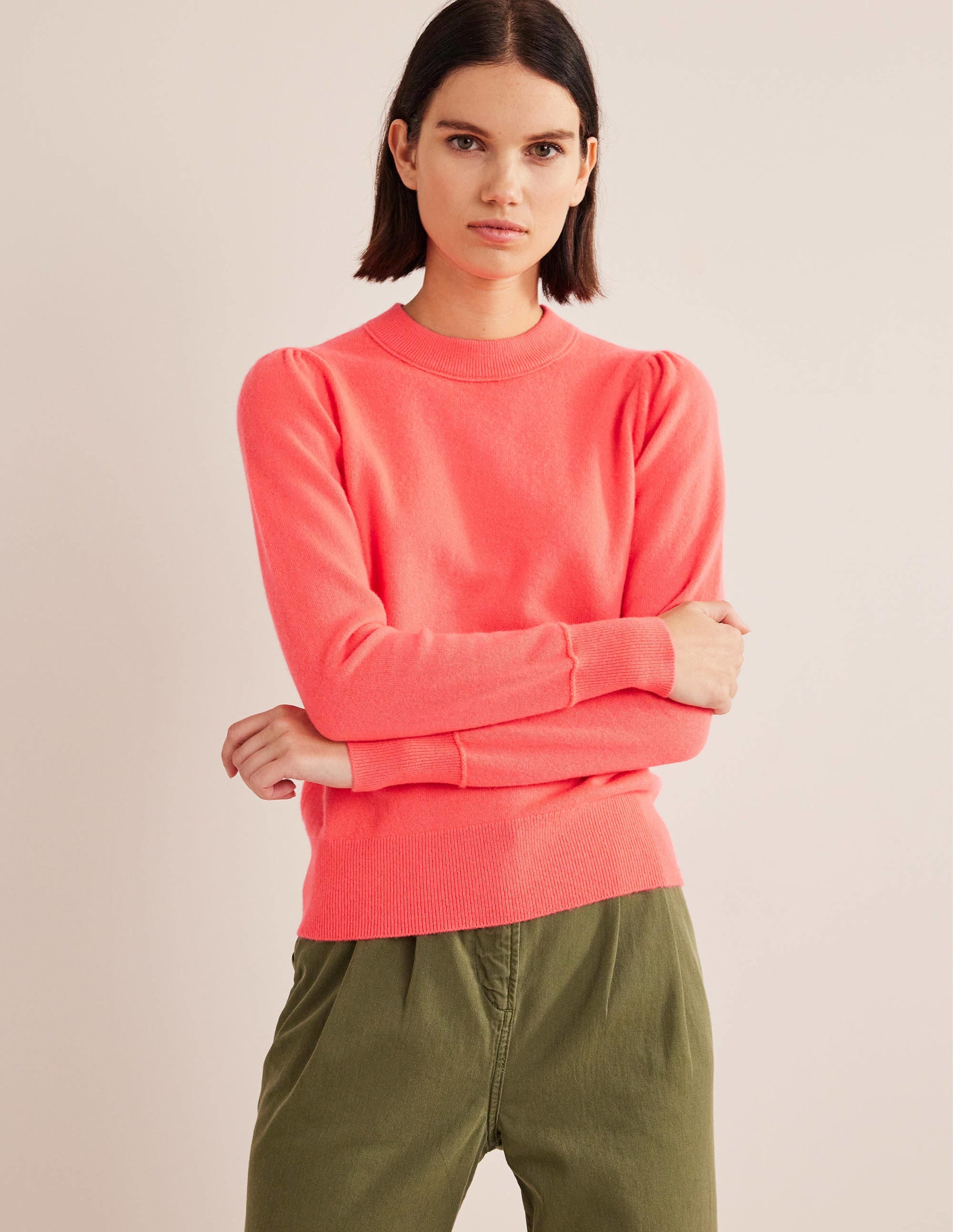 Kaschmirpullover mit Puffärmeln-Helles Wassermelonenrot - Image 1