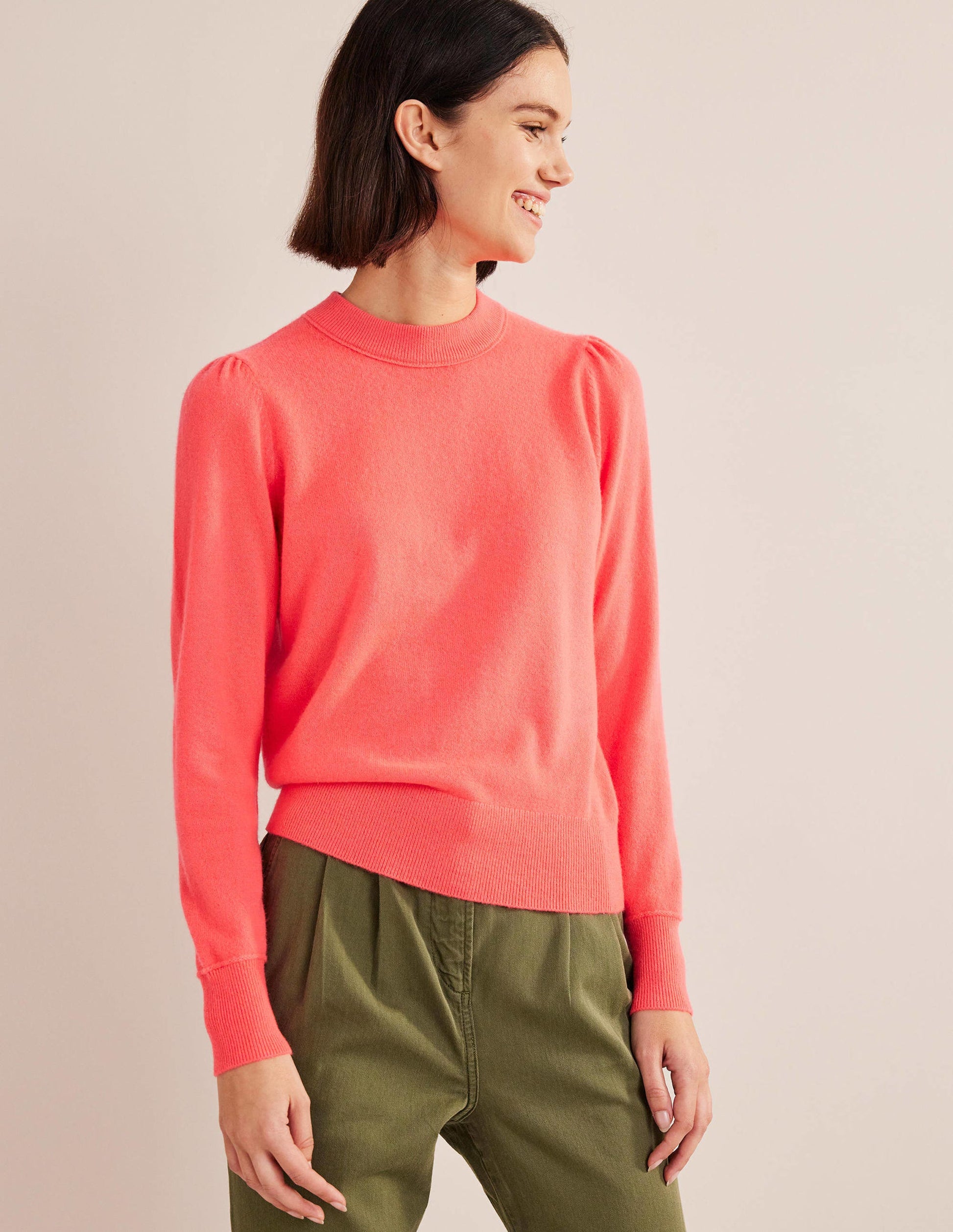Kaschmirpullover mit Puffärmeln-Helles Wassermelonenrot-4