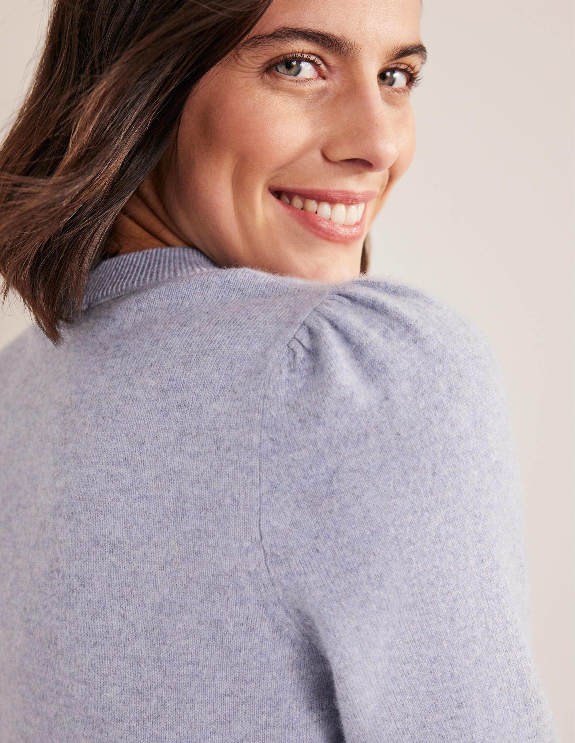 Cashmere Puff Shoulder Jumper-Blue Melange - Image 2