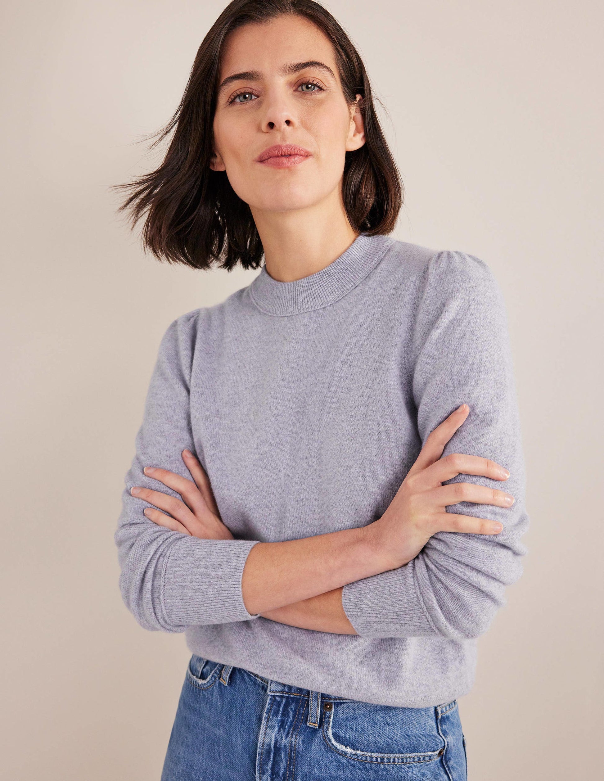 Cashmere Puff Shoulder Jumper-Blue Melange-4