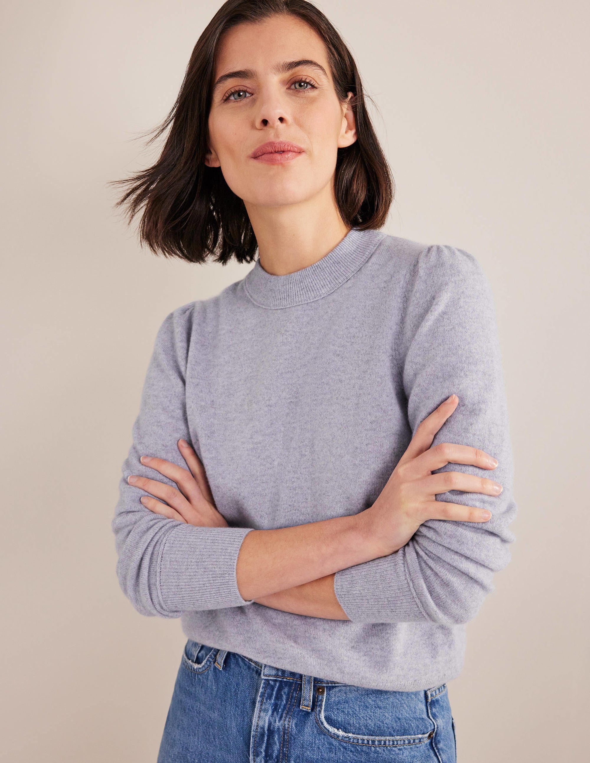 Cashmere Puff Shoulder Jumper-Blue Melange - Image 4