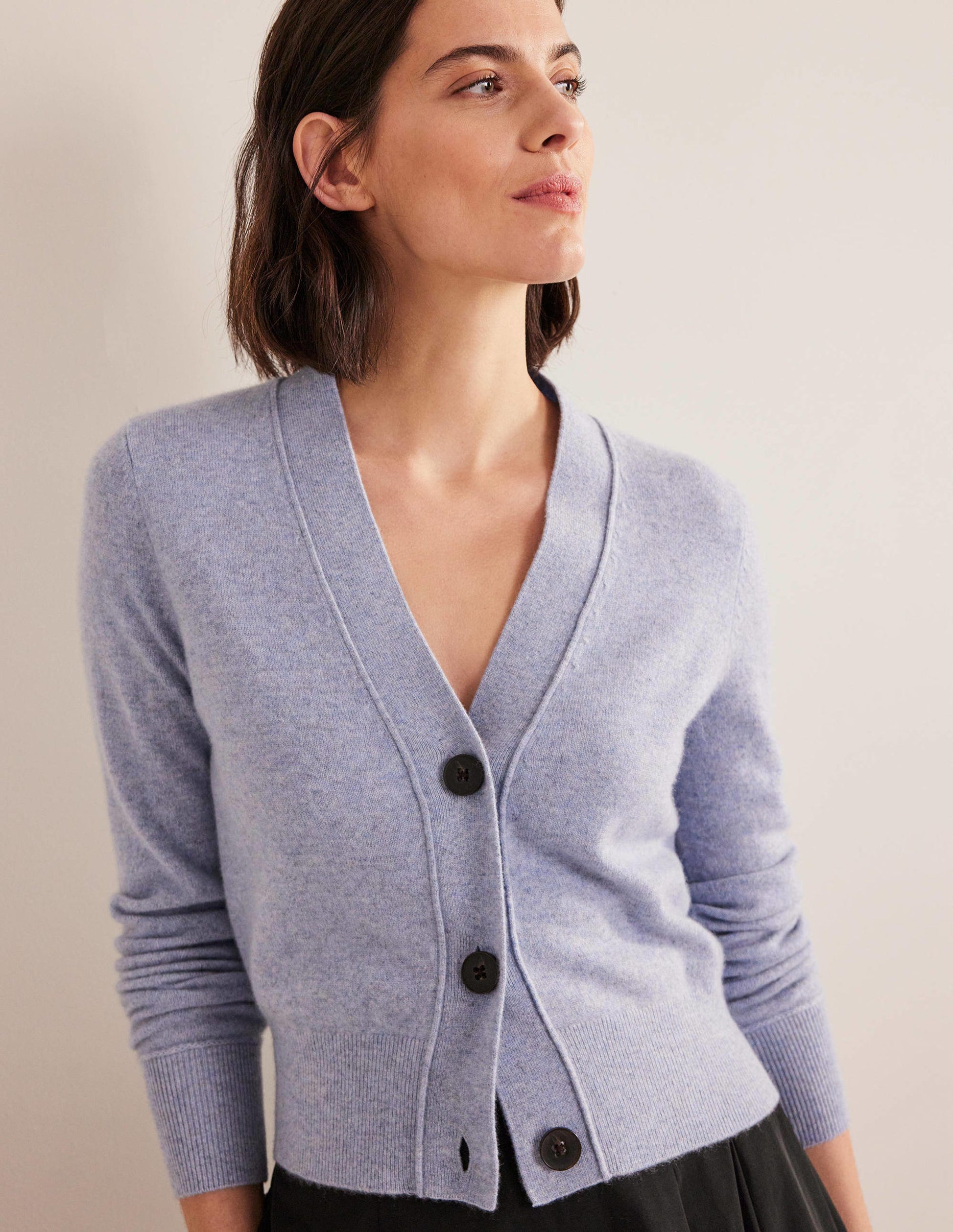 Gilet à col V en cachemire-Bleu chiné-1