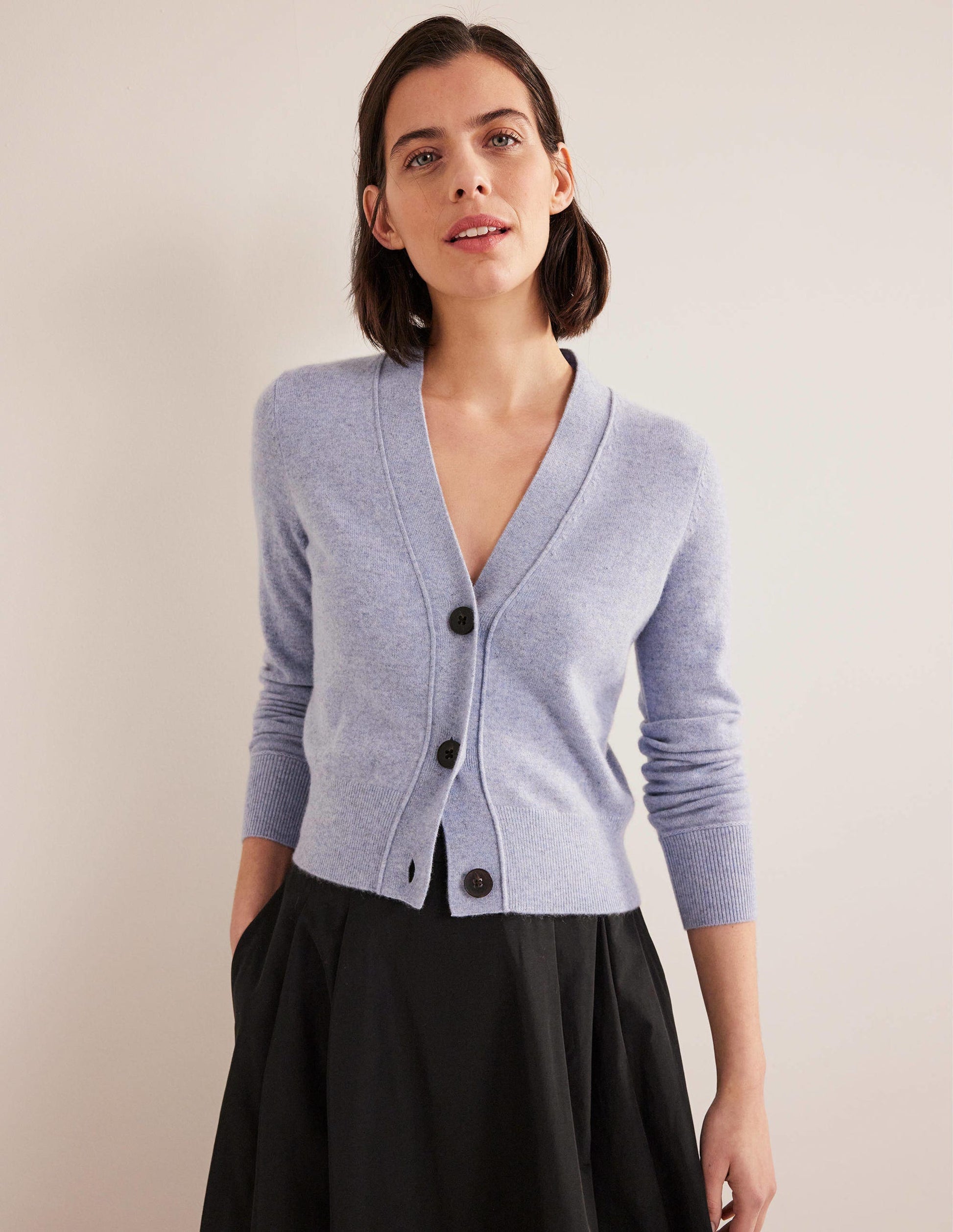 Gilet à col V en cachemire-Bleu chiné-4