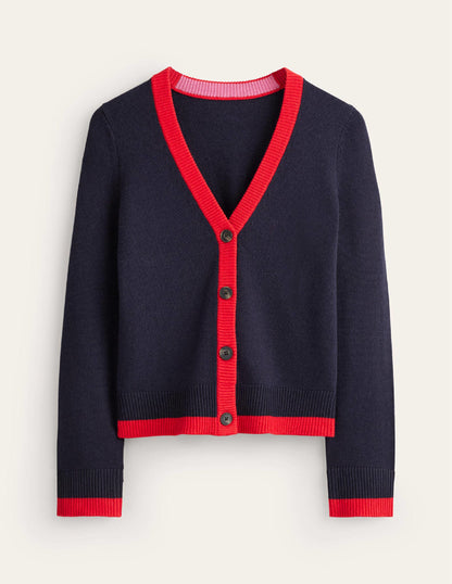 Alma Strickjacke mit Kontrastbesatz-Marineblau, Flame Scarlet-5