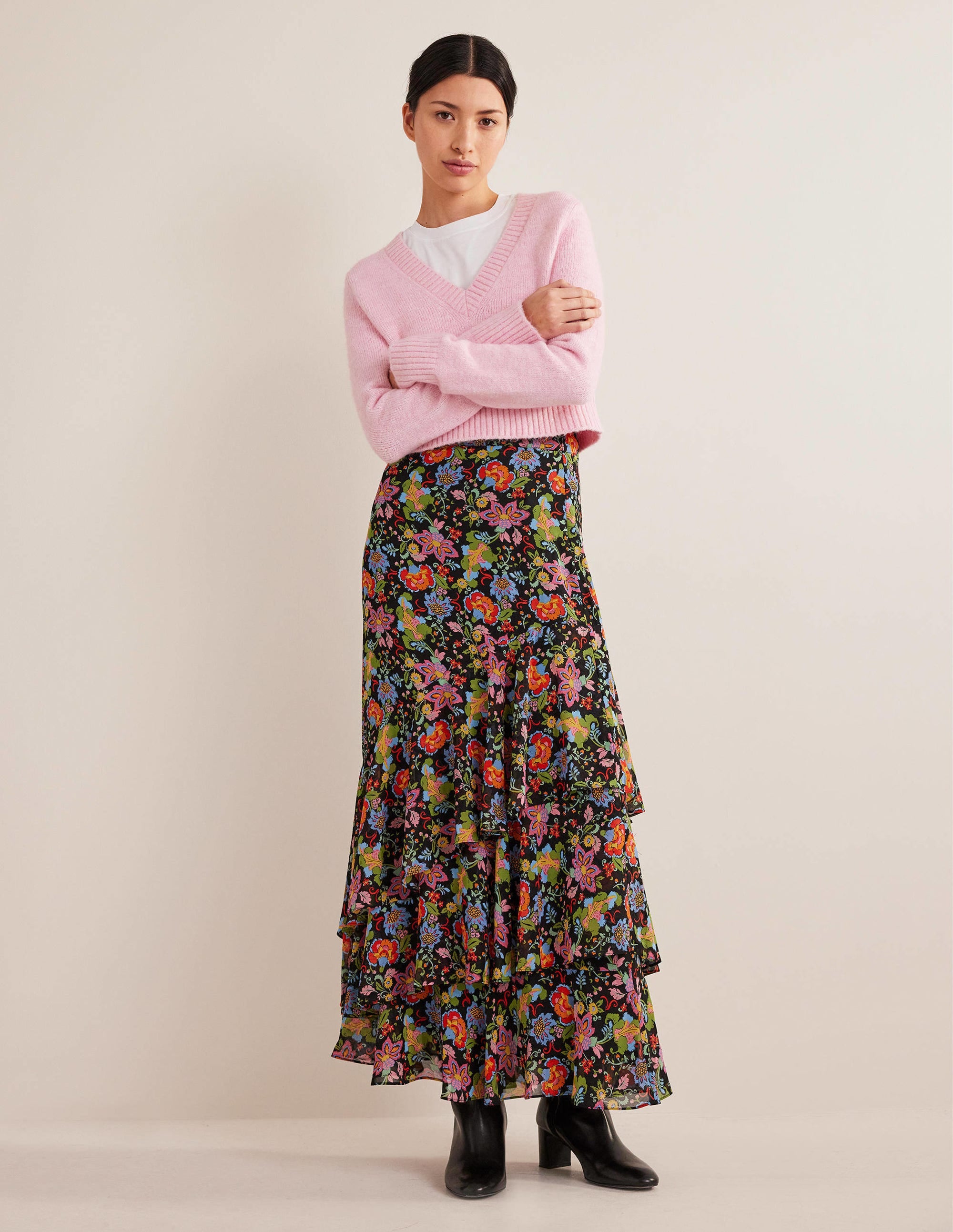 Multi Ruffle Maxi Skirt-Black, Carnation Garden - Image 1