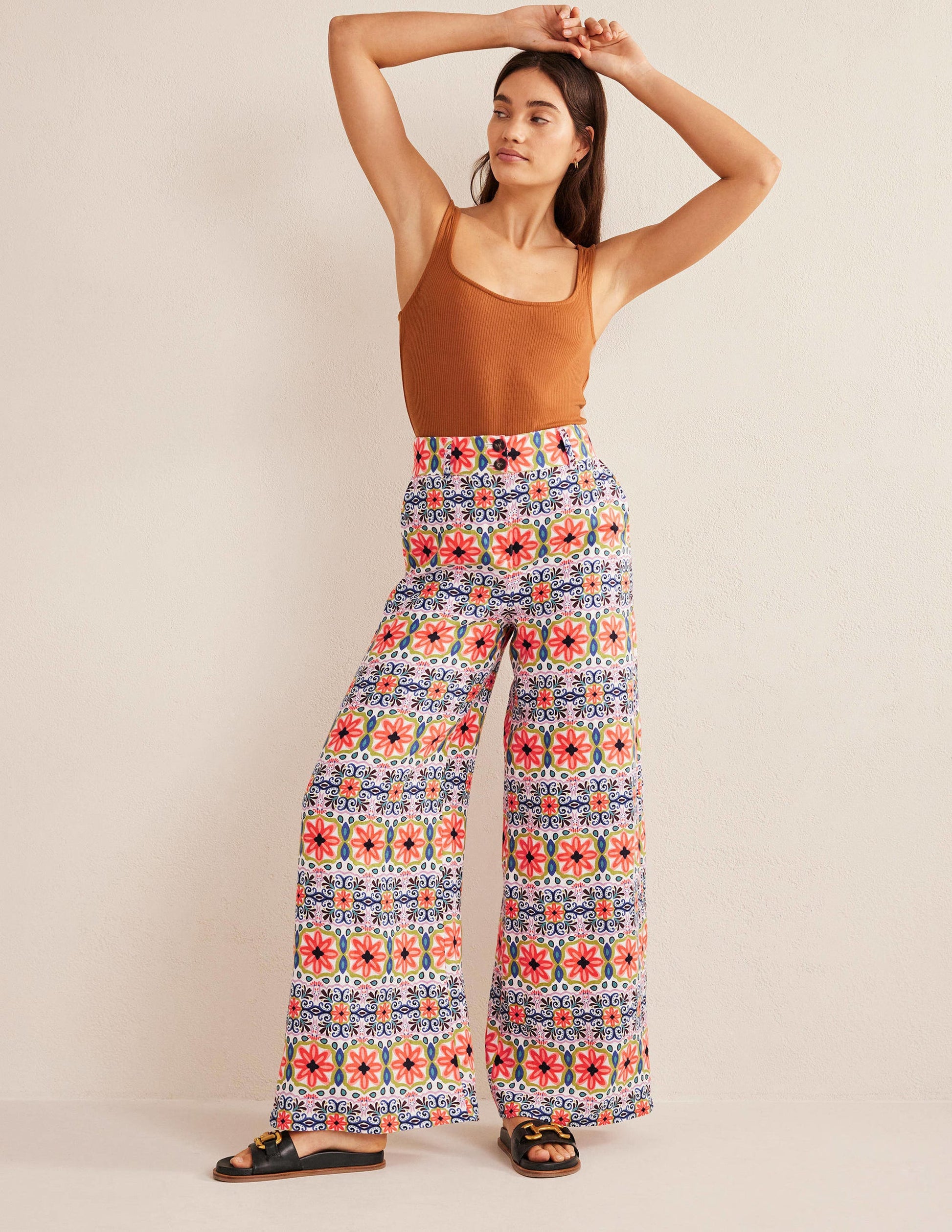 Pantalon large imprimé en lin-Daim Vert Canard-1