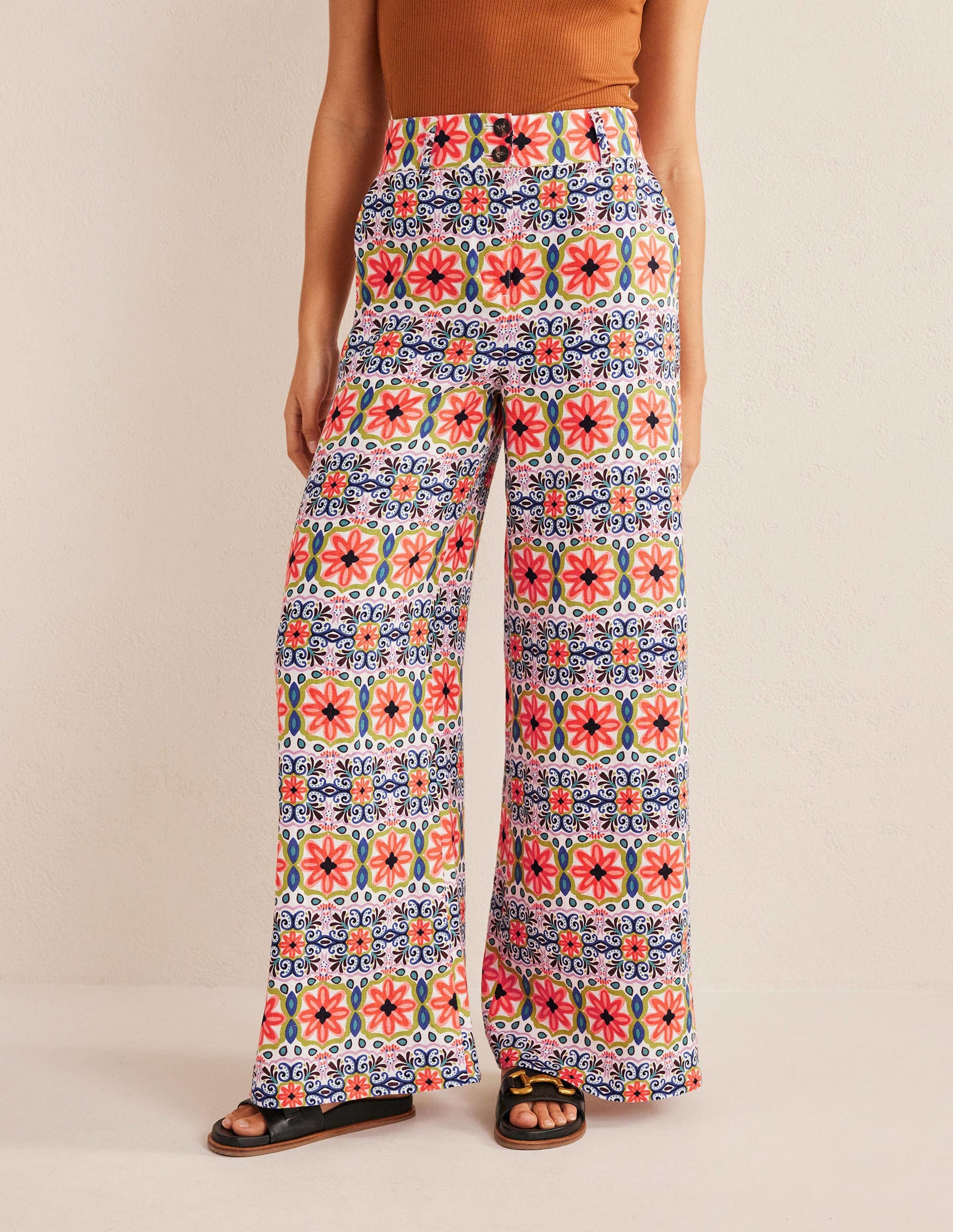 Pantalon large imprimé en lin-Daim Vert Canard-4