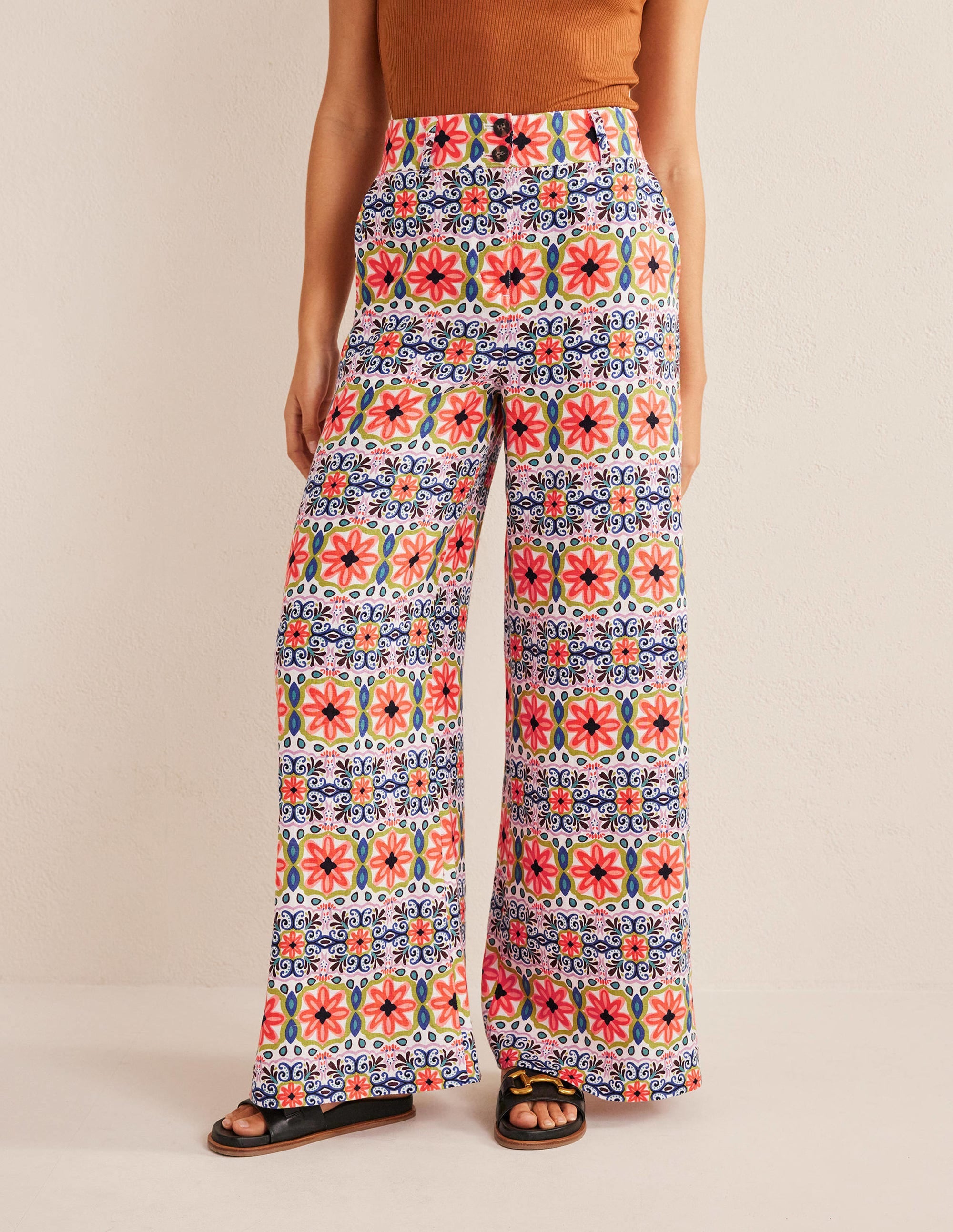 Pantalon large imprimé en lin-Daim Vert Canard - Image 4