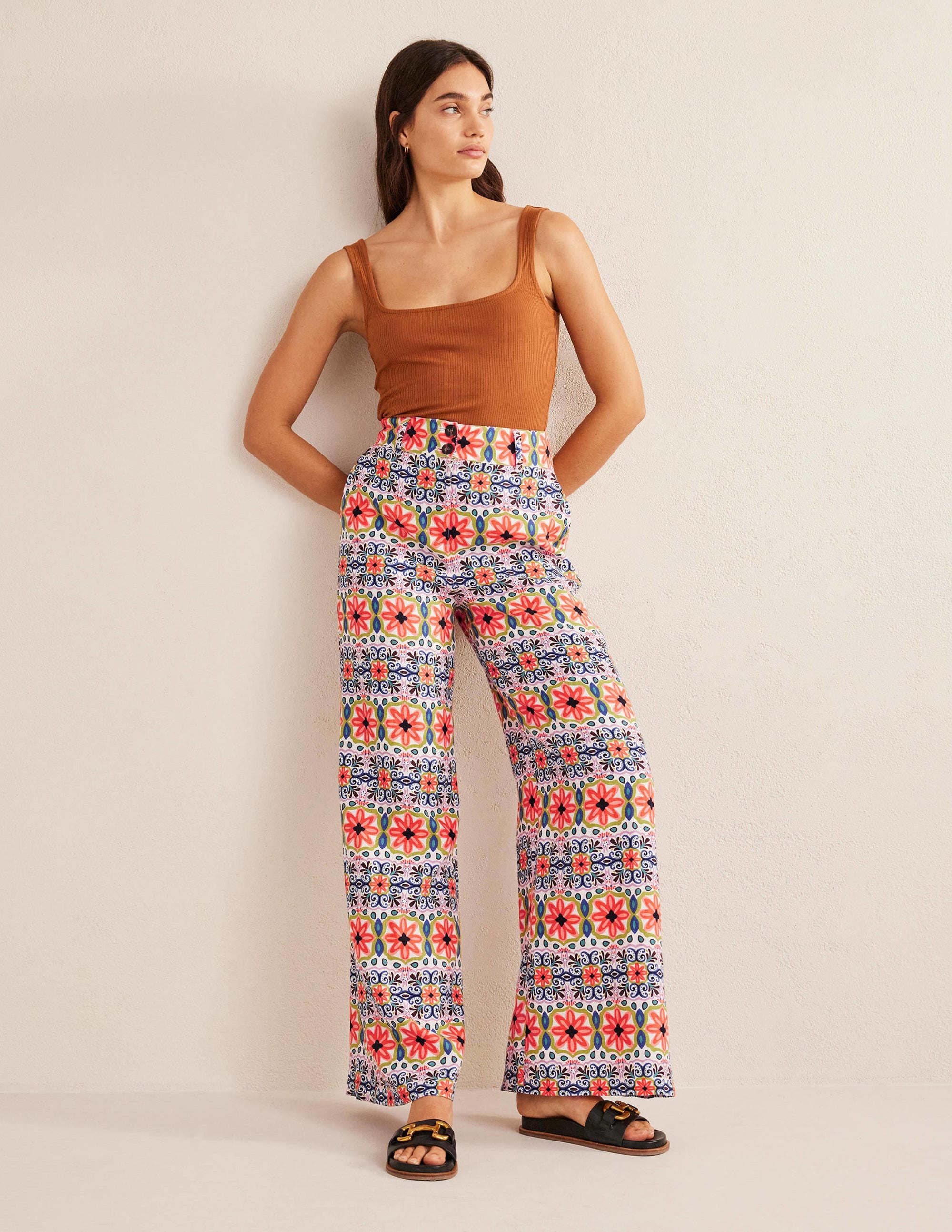 Pantalon large imprimé en lin-Daim Vert Canard - Image 6