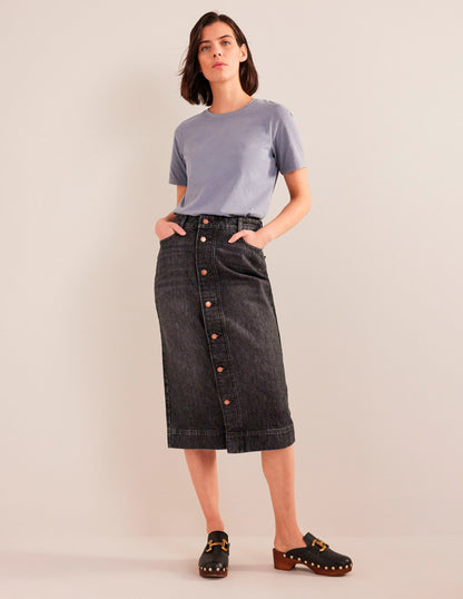 Gerader Midirock aus Denim-Schwarz