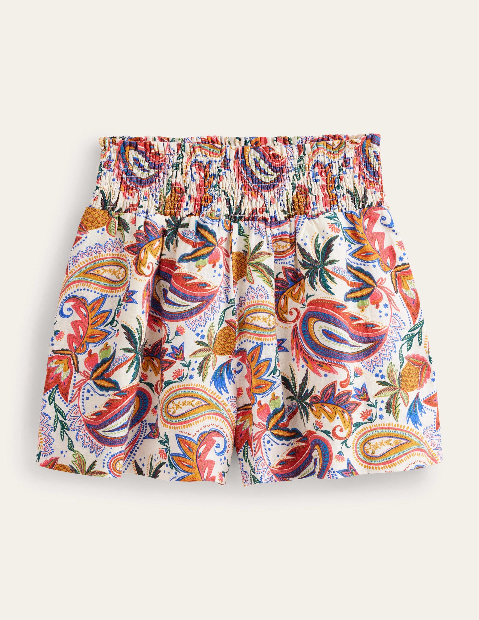 Leinenshorts mit geraffter Taille-Naturweiß, Statement-Muster-6
