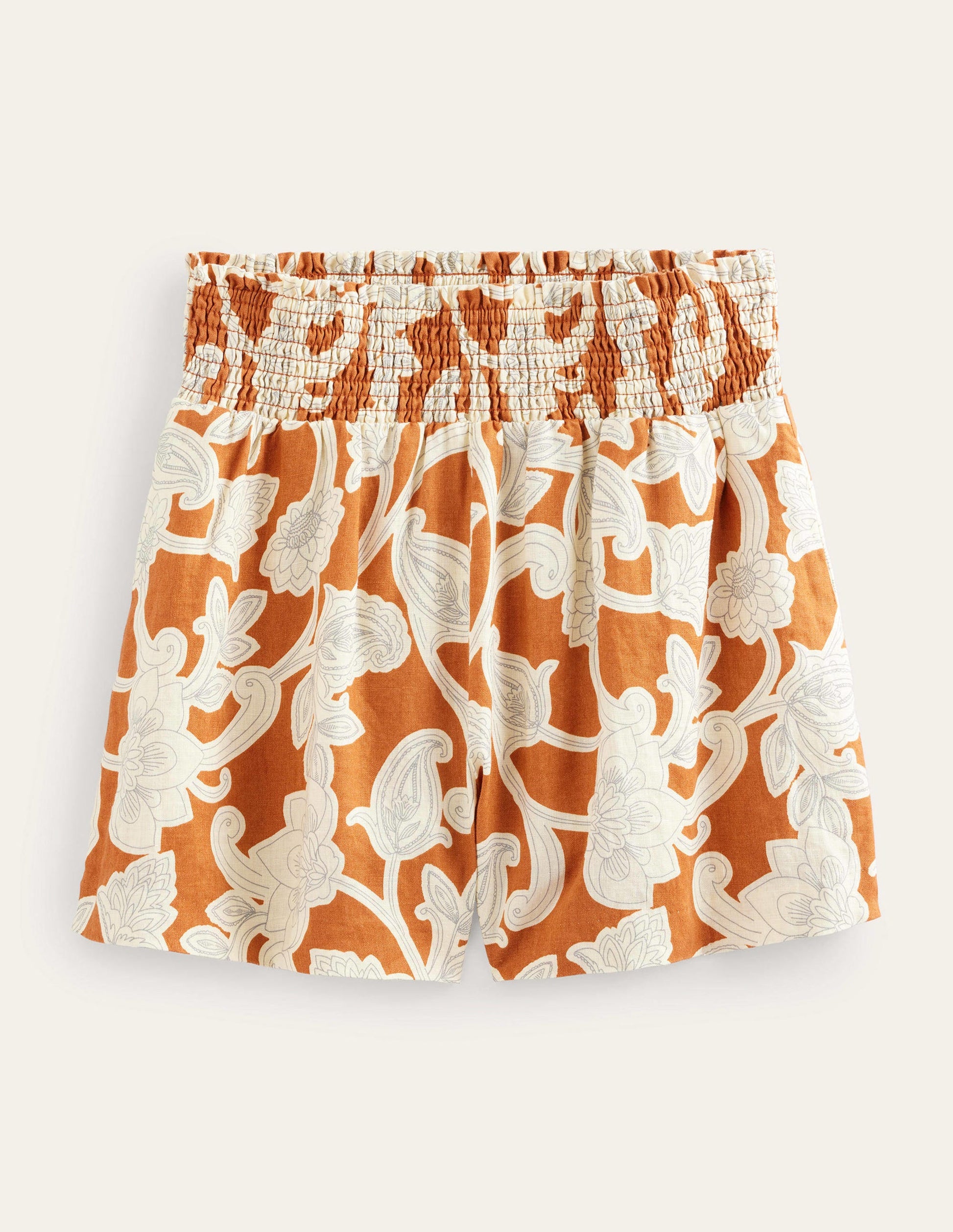 Leinenshorts mit geraffter Taille-Rostrot, Geschwungenes Paisleymuster-3