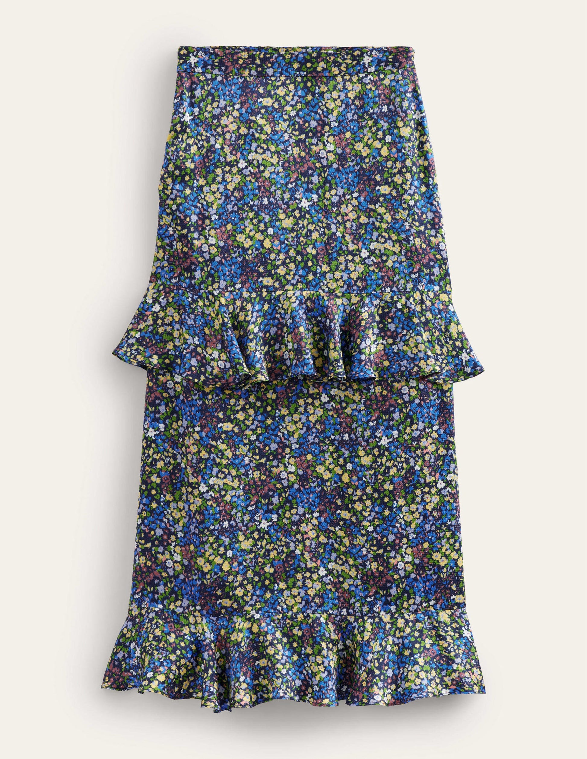 Jupe midi florale à volants en satin-Bleu nébuleuse, motif Gardenia Petal-6