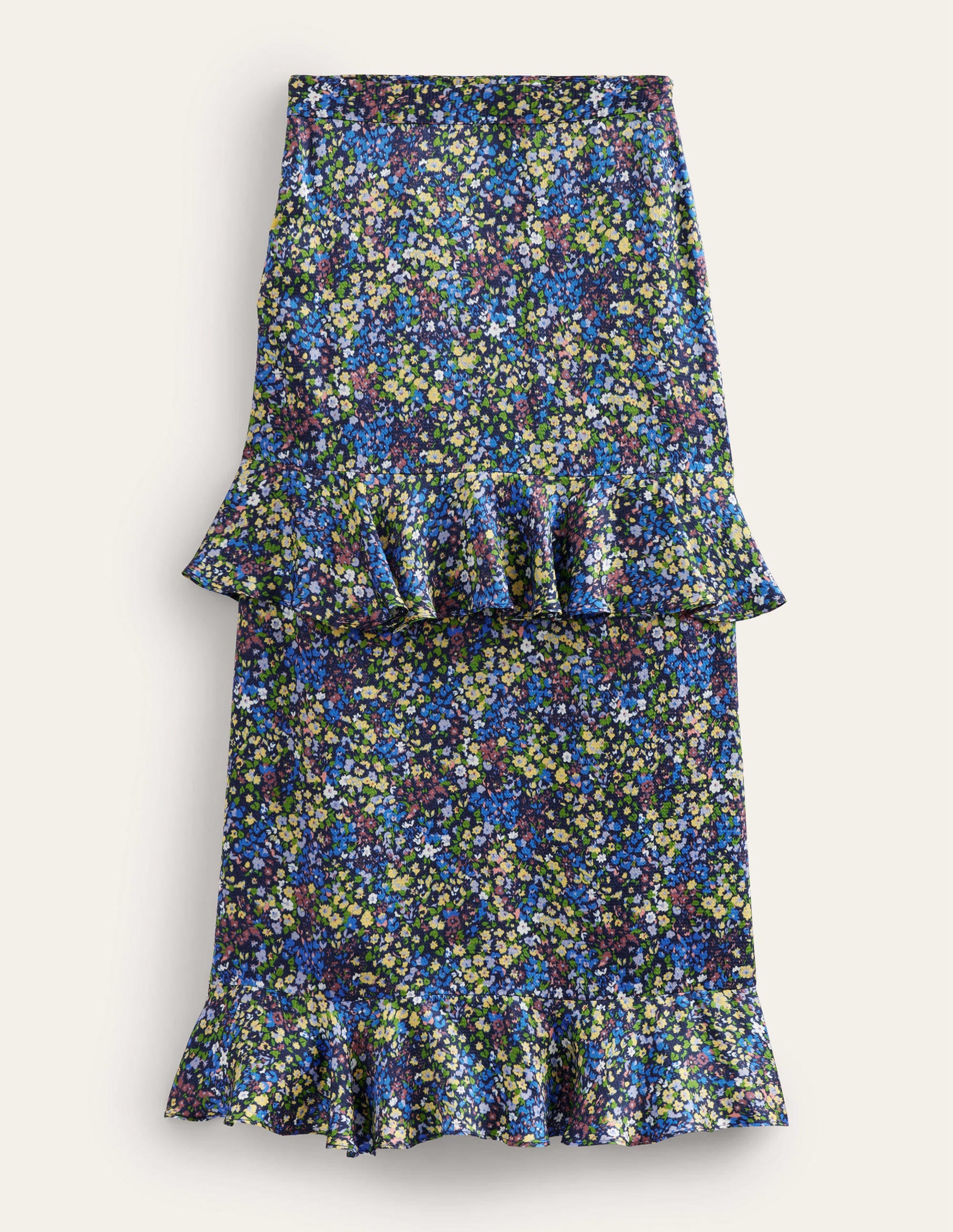 Jupe midi florale à volants en satin-Bleu nébuleuse, motif Gardenia Petal - Image 6