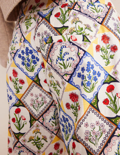 Gemusterte Hose mit geradem Bein-Naturweiß, Wilde Glockenblumen